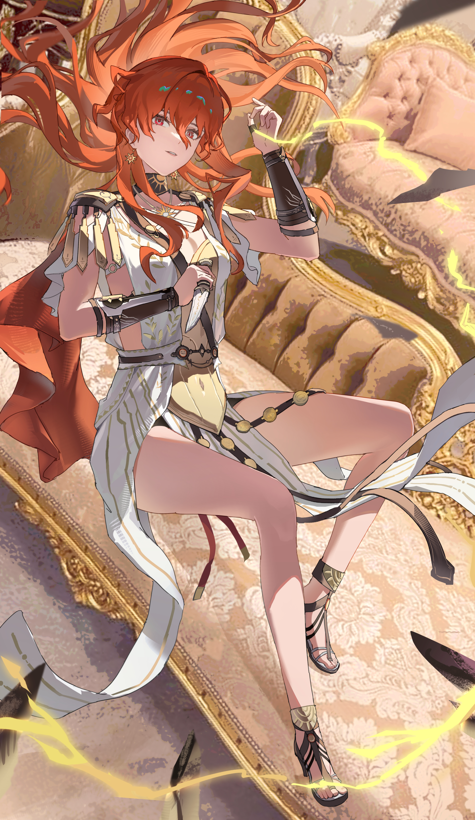 zhongyuanqing, augusta (wuthering waves), wuthering waves, absurdres, highres, 1girl, ancient greek clothes, arm armor, armor, bare legs, breastplate, breasts, dress, full body, greco-roman clothes, hand up, legs, long hair, medium breasts, missing commentary, orange hair, solo, white dress