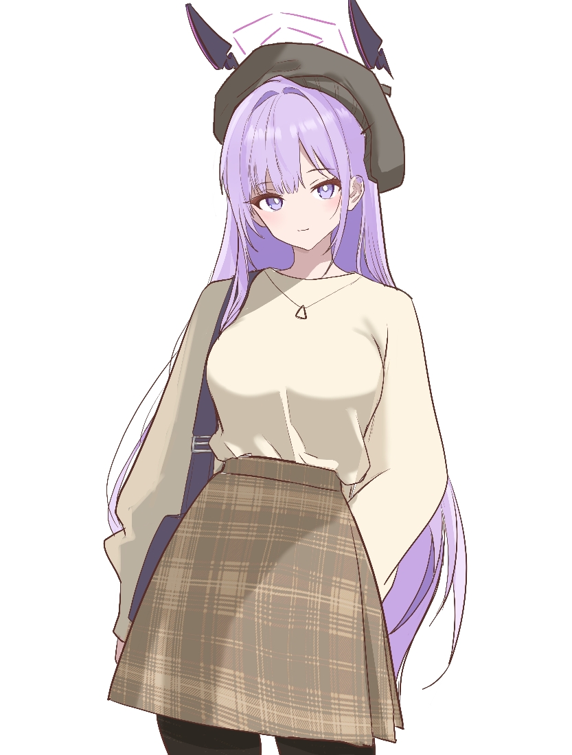 yukki83130530, utaha (blue archive), blue archive, commentary, 1girl, beret, black bag, black hat, black pantyhose, blush, breasts, bright pupils, casual, cowboy shot, dark skin, halo, hat, jewelry, light smile, long hair, long sleeves, looking at viewer, medium breasts, necklace, pantyhose, purple eyes, purple hair, shirt, shirt tucked in, simple background, solo, straight hair, very long hair, white background, white pupils, yellow shirt