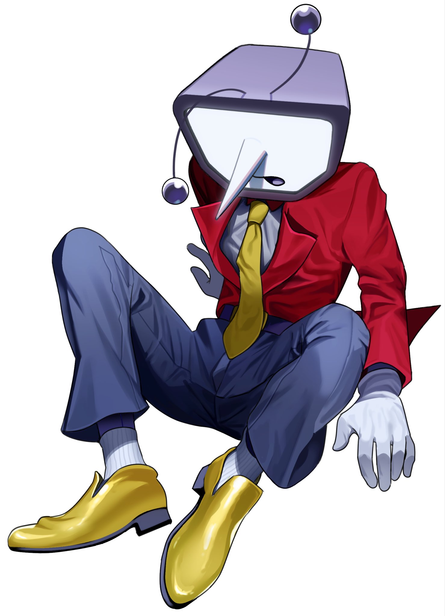 ant tenna, deltarune, utdr (toby fox), highres, 1boy, belt, belt buckle, buckle, collared shirt, crt, full body, gloves, grey pants, long nose, male focus, object head, pants, pointy nose, radio antenna, shirt, shoes, simple background, socks, solo, tailcoat, valve core, white background, white gloves, white shirt, white socks, yellow shoes