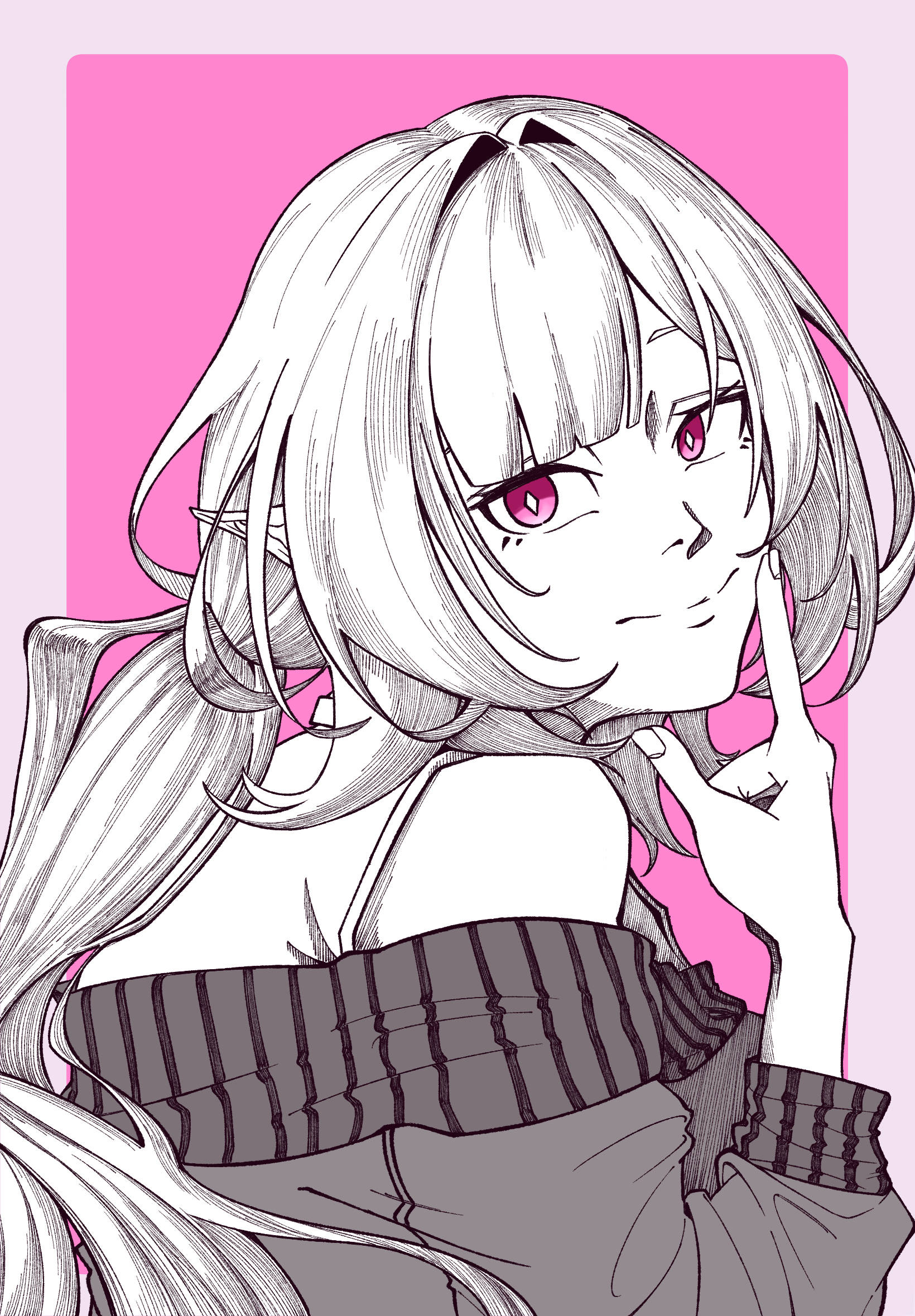 elysia (honkai impact), honkai (series), honkai impact 3rd, commentary, highres, 1girl, bare shoulders, border, elf, from side, long hair, looking at viewer, oishi pasuteru, partially colored, pink background, pink eyes, pointy ears, solo, sweat, upper body, very long hair, white border