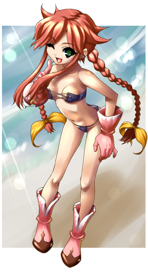hajime shindo, rebecca streisand, wild arms, wild arms 5, 1girl, ;d, bandeau, bandeau bikini, bare shoulders, bikini, blue bikini, boots, border, braid, female focus, finger to mouth, flat chest, gloves, green eyes, hair ribbon, knee boots, leaning forward, long hair, navel, one eye closed, open mouth, pink boots, pink gloves, pointing, red hair, ribbon, smile, solo, standing, swimsuit, twin braids, twintails, very long hair, wink
