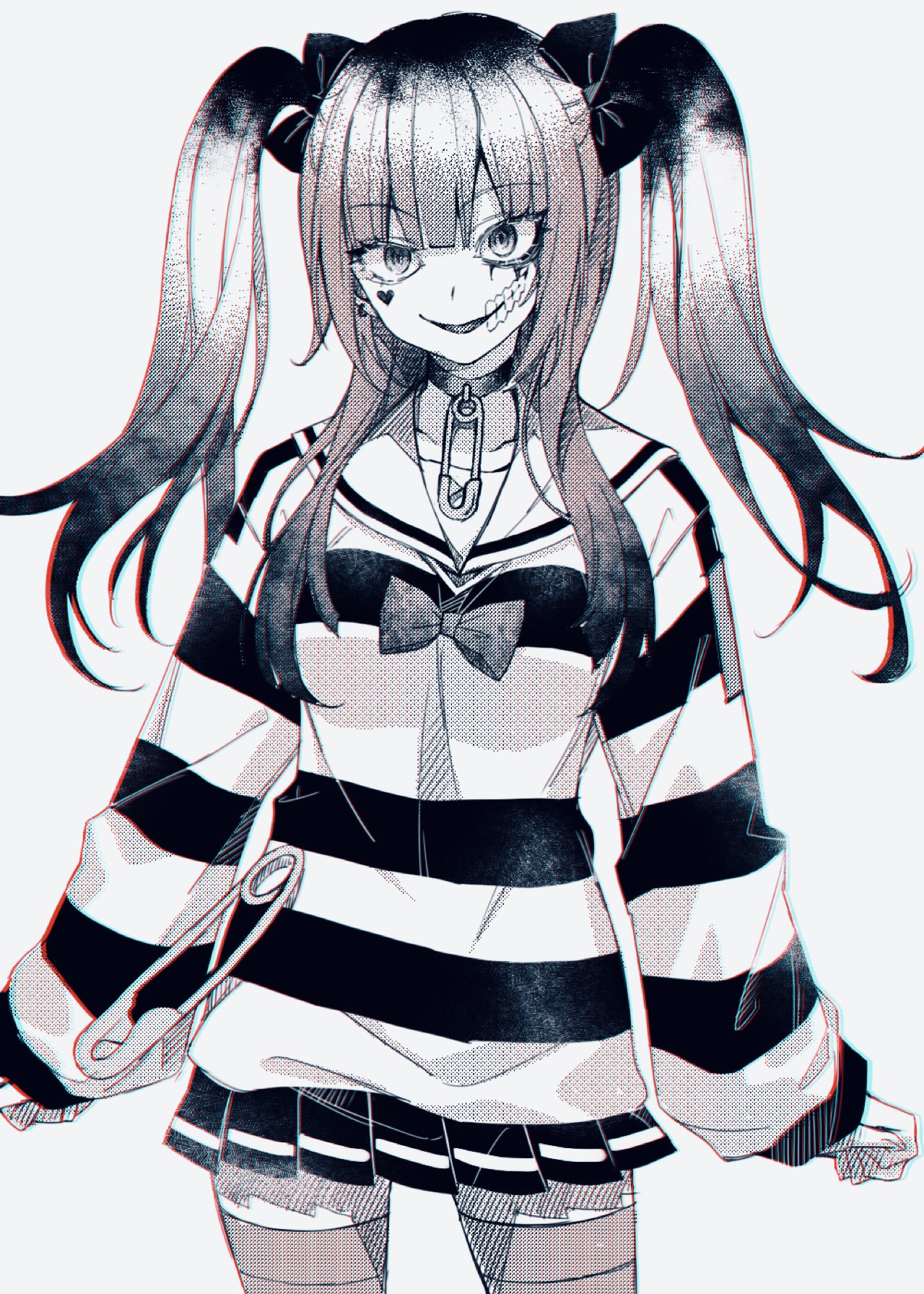 sgawarananto, amemiya darumi, the hundred line -last defense academy-, commentary request, highres, 1girl, arms at sides, ben-day dots, bow, choker, facial mark, greyscale, grin, hair bow, heart, heart facial mark, long hair, looking at viewer, makeup, miniskirt, monochrome, multicolored hair, roots (hair), runny makeup, safety pin, sailor collar, screentones, simple background, skirt, smile, solo, striped clothes, thighhighs, twintails