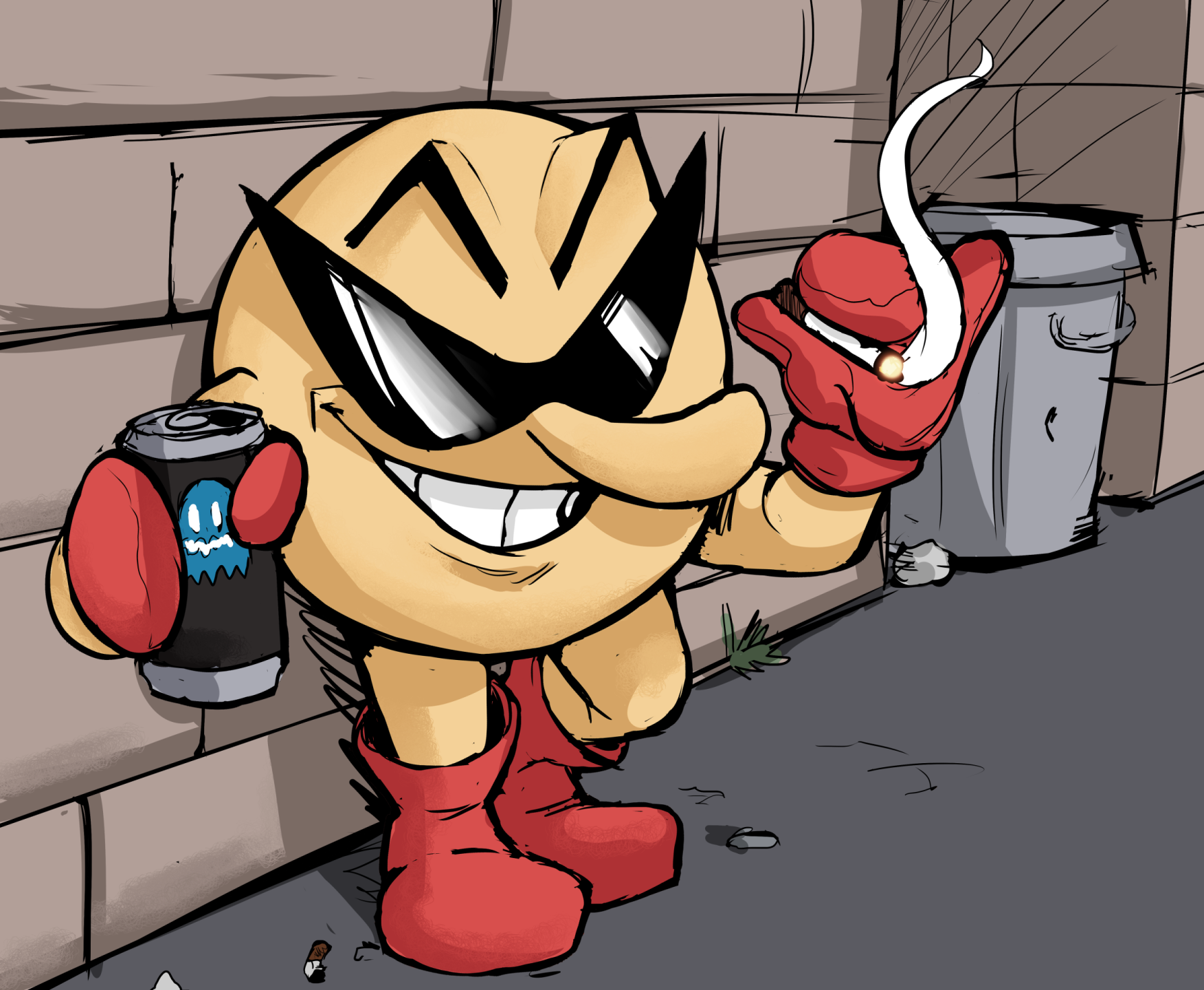 teevo, pac-man, pac-man (game), alcohol, alley, beer, beer can, brick wall, can, cigarette, cigarette butt, drink can, sunglasses, trash can