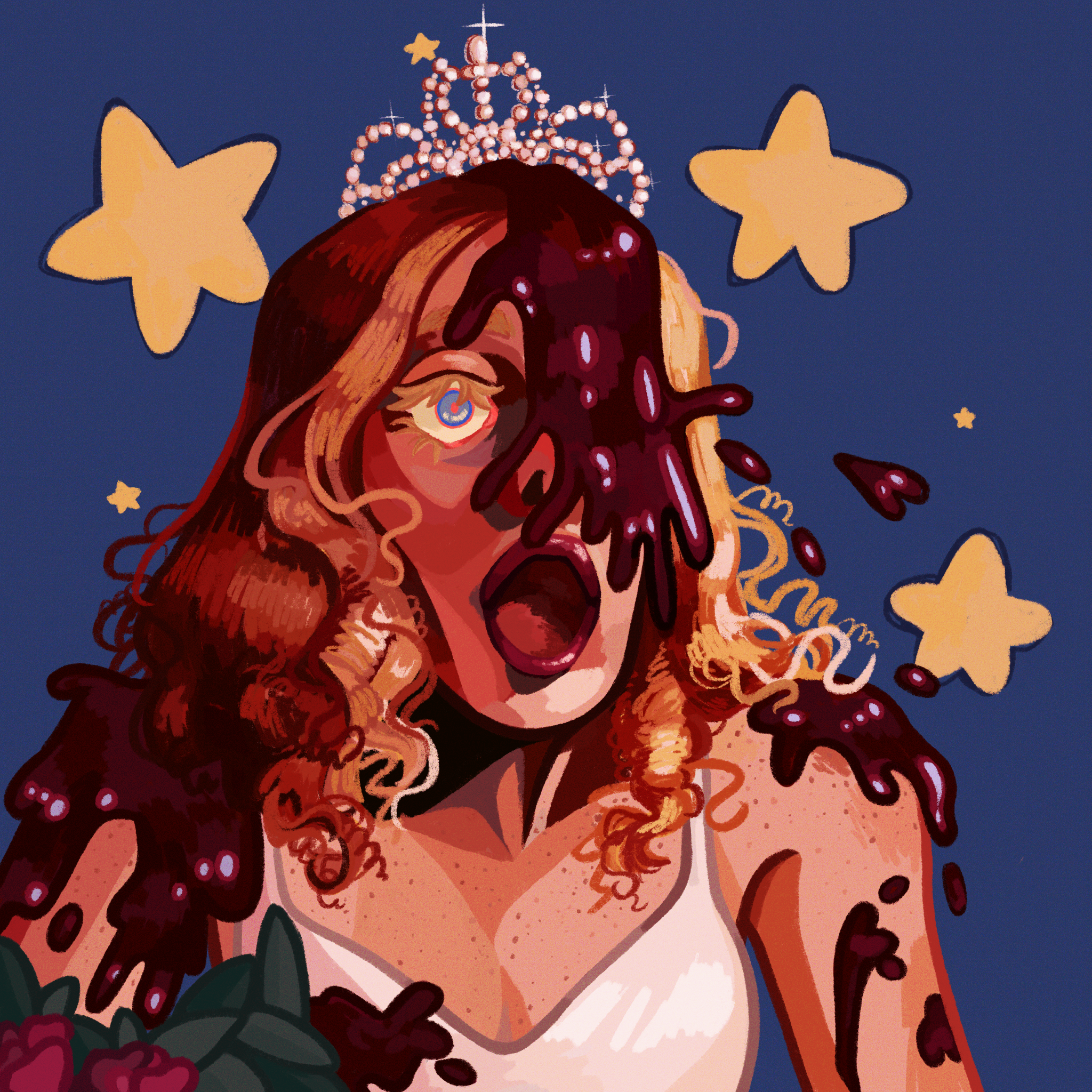 quezify, carrie (stephen king), commentary, english commentary, highres, 1girl, blonde hair, blood, blood on body, blood on clothes, blood on face, blue background, blue eyes, body freckles, bouquet, carrietta white, colored eyelashes, curly hair, dress, eyelashes, flower, freckles, holding, holding bouquet, jewelry, lipstick, long hair, makeup, open mouth, portrait, red flower, red lips, red rose, rose, screaming, shoulder freckles, simple background, sleeveless, sleeveless dress, solo, sparkle, star (symbol), tiara, white dress