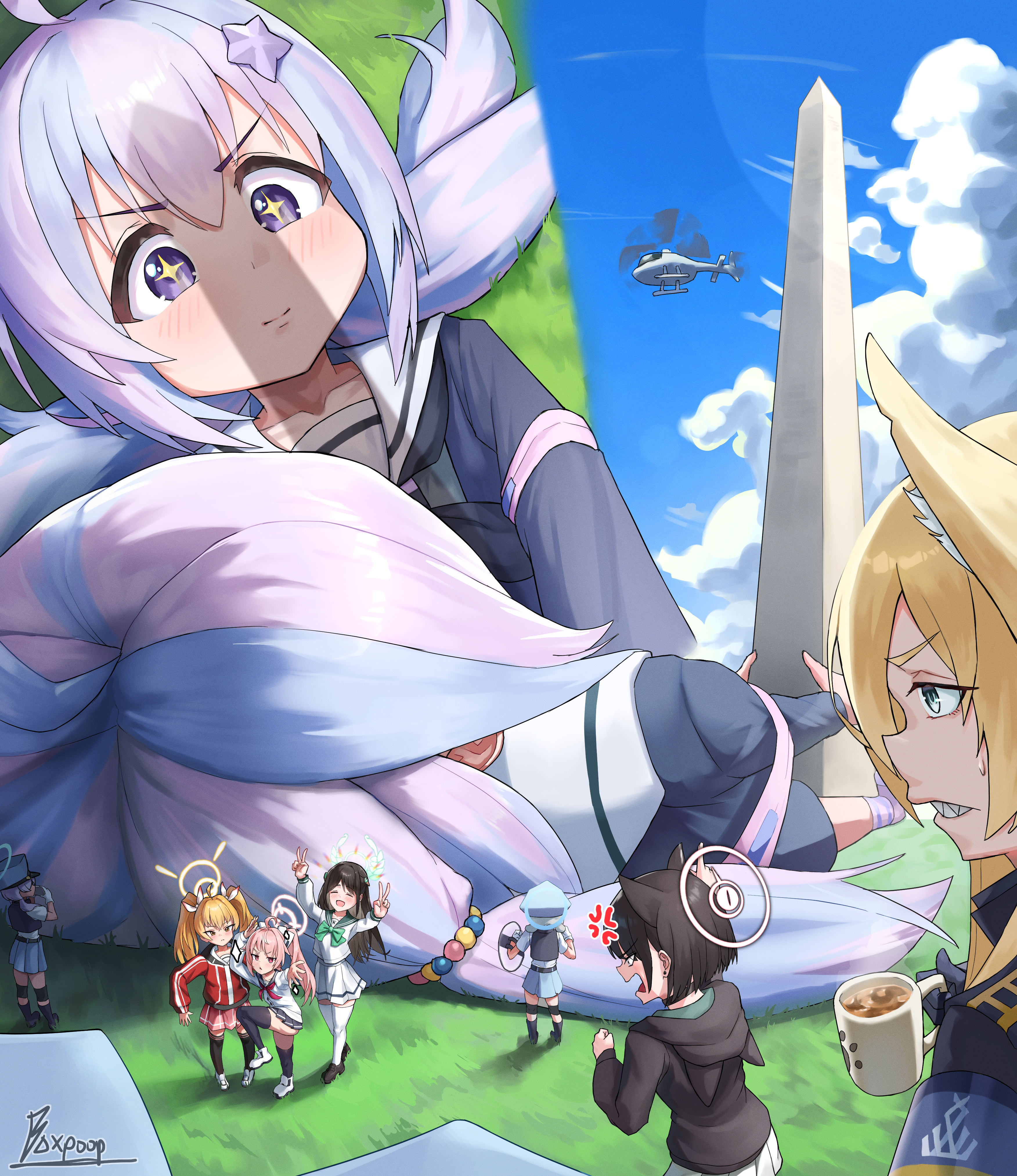 poopman, airi (blue archive), kanna (blue archive), kazusa (blue archive), natsu (blue archive), reisa (blue archive), valkyrie police academy student (sg) (blue archive), yoshimi (blue archive), blue archive, absurdres, highres, 6+girls, ahoge, aircraft, anger vein, angry, animal ear fluff, animal ears, artist name, black hair, black jacket, black skirt, black thighhighs, blonde hair, blue eyes, blue hair, blue halo, blue skirt, blue sky, brown hair, cardigan, cat ears, closed eyes, cloud, coffee mug, cup, dog ears, dog girl, extra ears, giant, giantess, hair over one eye, halo, hat, helicopter, holding, holding cup, hood, hood down, hooded jacket, jacket, long hair, long sleeves, mug, multicolored hair, multiple girls, open mouth, outdoors, penis shadow, pink hair, pink halo, pleated skirt, police, police hat, police uniform, policewoman, red eyes, red jacket, riot shield, school uniform, sexually suggestive, sharp teeth, shield, short hair, side ponytail, signature, skirt, sky, smile, teeth, thighhighs, twintails, white cardigan, white thighhighs, yellow halo