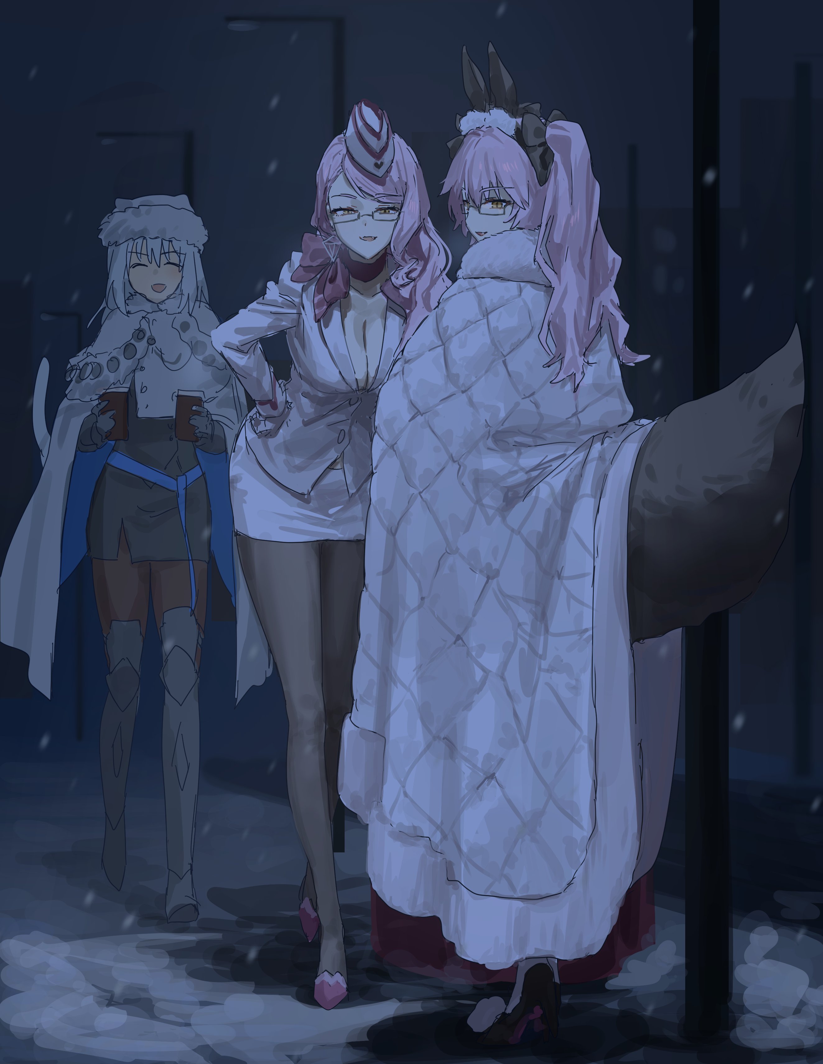 dobrynya nikitich (fate), koyanskaya (assassin) (second ascension) (fate), koyanskaya (fate), koyanskaya (foreigner) (first ascension) (fate), fate/grand order, fate (series), absurdres, highres, 3girls, black pantyhose, breasts, cat tail, cleavage, closed eyes, coat, coffee, fgo gwa, fox tail, hat, high heels, large breasts, long hair, mother and daughter, multiple girls, pantyhose, pink hair, snowing, tail, twintails, white coat, white hair, white hat