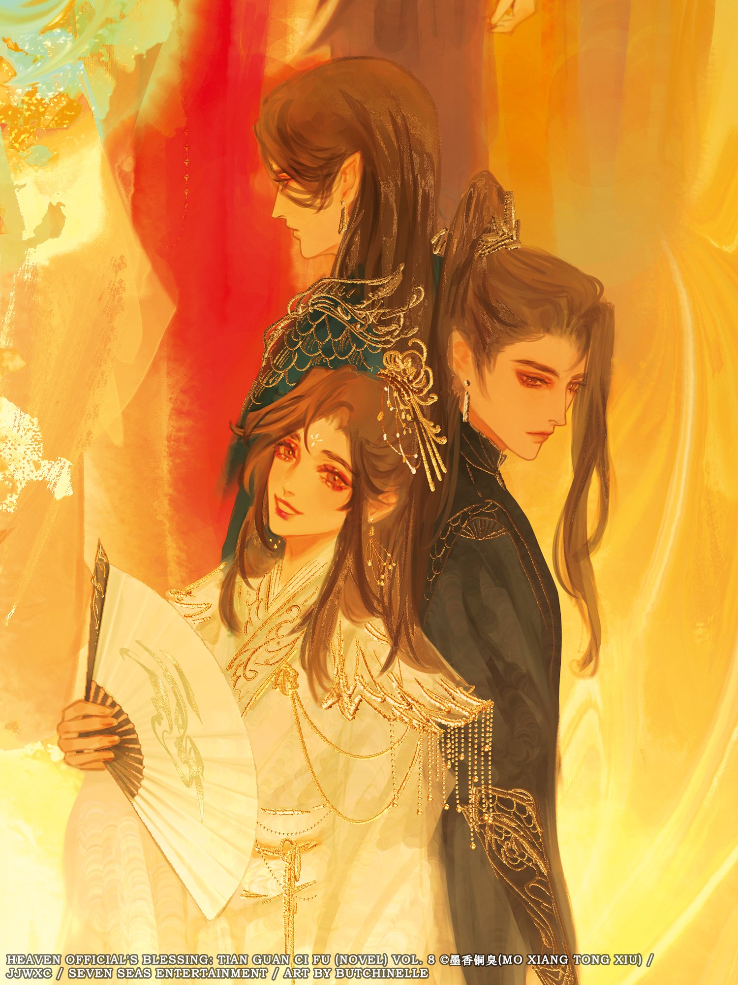 butchinelle, he xuan, ming yi, shi qingxuan, tianguan cifu, commentary, english commentary, highres, official art, 1girl, 2boys, abstract background, artist name, asymmetrical bangs, belt, black hanfu, brown eyes, brown hair, chinese clothes, closed mouth, earrings, facial mark, folding fan, forehead mark, from behind, gold earrings, gold trim, green hanfu, hand fan, hanfu, head tilt, holding, holding fan, jewelry, lipstick, makeup, multiple boys, open mouth, ornate clothes, paper fan, parted bangs, pointy ears, smile, white hanfu, xiao guan (headdress), yellow background