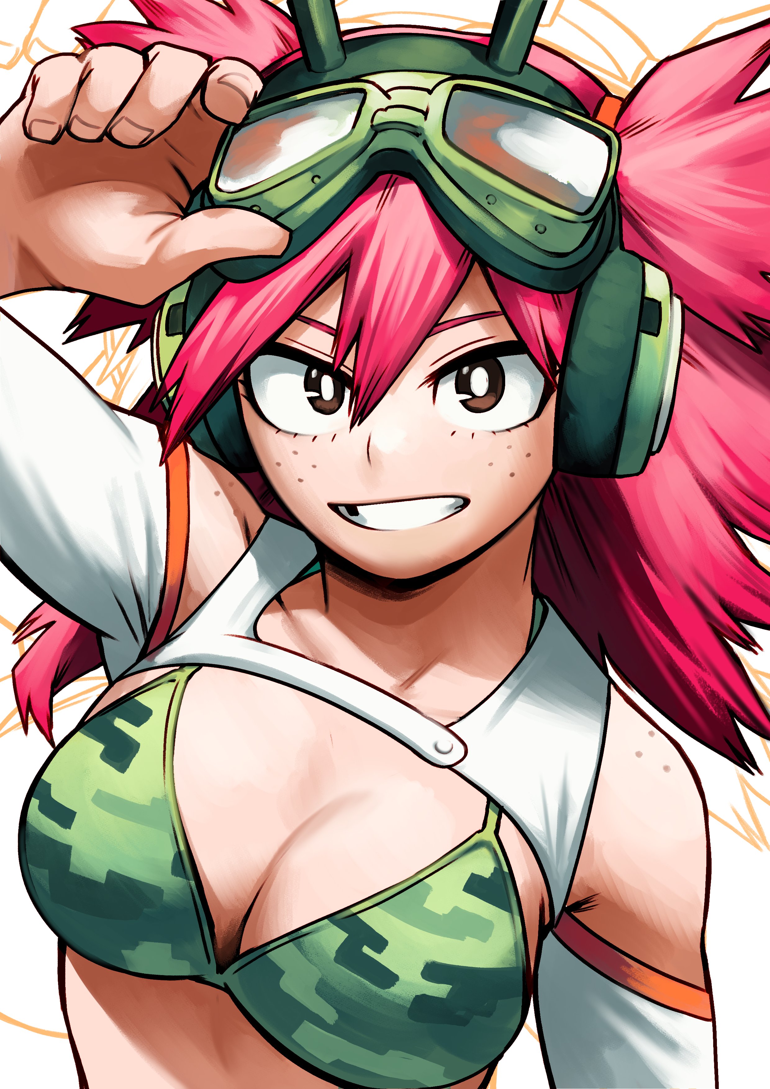 nifast (greentail), original, absurdres, highres, 1girl, arm up, bikini, bikini top only, body freckles, breasts, bright pupils, brown eyes, camouflage, camouflage bikini, cleavage, detached sleeves, freckles, goggles, goggles on head, green bikini, grin, hair between eyes, hand on goggles, headphones, horikoshi kouhei (style), large breasts, long hair, looking at viewer, missing tooth, red hair, shoulder freckles, smile, solo, spiked hair, swimsuit, two side up, upper body, white background, white pupils, white sleeves