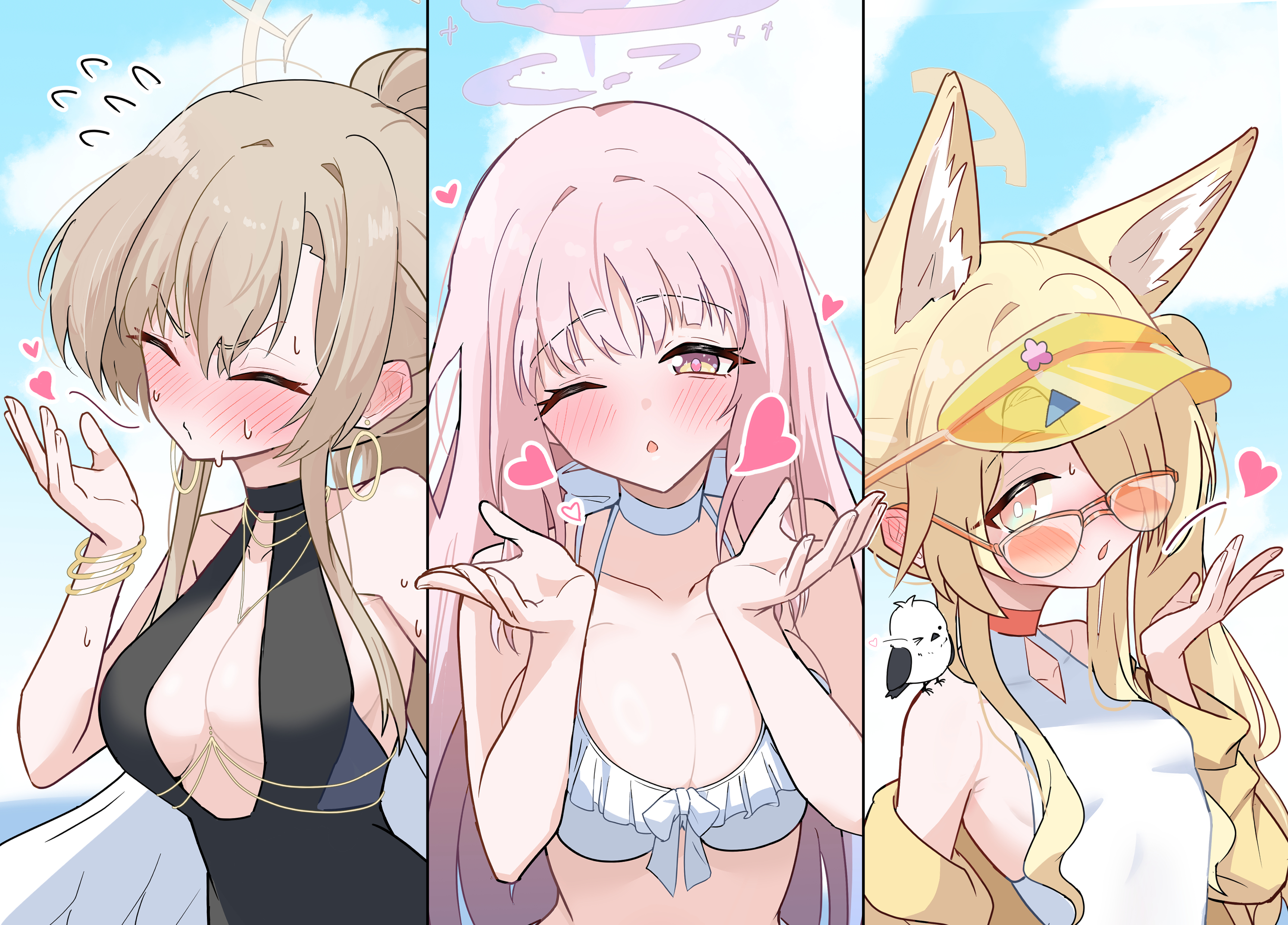 kugi baketu, mika (blue archive), mika (swimsuit) (blue archive), nagisa (blue archive), nagisa (swimsuit) (blue archive), seia (blue archive), seia (swimsuit) (blue archive), blue archive, absurdres, commentary request, highres, 3girls, ;o, above-cleavage cutout, animal, animal ear fluff, animal ears, animal on shoulder, bikini, bird, bird on shoulder, black one-piece swimsuit, blonde hair, blowing kiss, blush, breasts, brown hair, casual one-piece swimsuit, choker, cleavage, closed eyes, clothing cutout, collarbone, column lineup, ear blush, extra ears, flying sweatdrops, fox ears, frilled bikini, frills, halo, heart, jacket, jacket partially removed, large breasts, long hair, looking at viewer, looking over eyewear, multiple girls, nervous sweating, nose blush, official alternate costume, one-piece swimsuit, one eye closed, orange-tinted eyewear, outdoors, pink hair, side ponytail, small breasts, straight hair, sweat, swimsuit, tea party (blue archive), tinted eyewear, upper body, very long hair, visor cap, white bikini, white choker, white one-piece swimsuit, yellow jacket