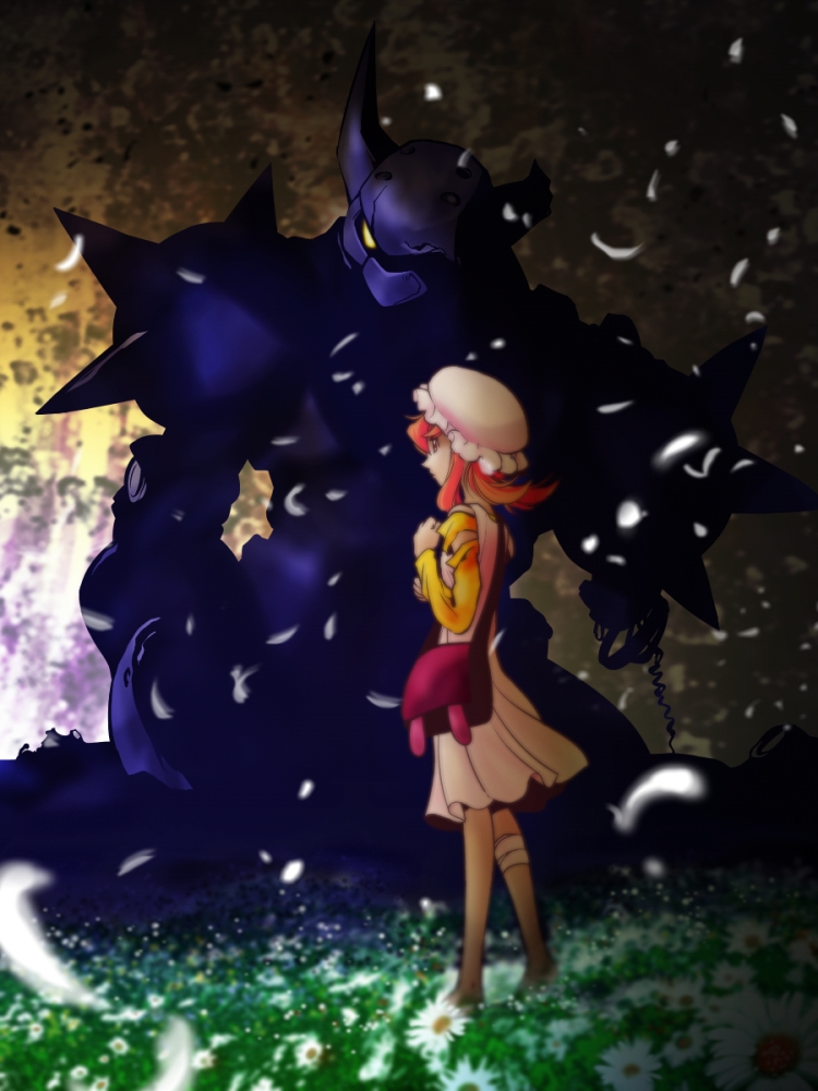 bolton (casshern sins), nico, nico (casshern sins), casshern (series), casshern sins, 00s, 1girl, bag, dress, from behind, full body, handbag, machinery, orange hair, robot, short hair, standing, white dress