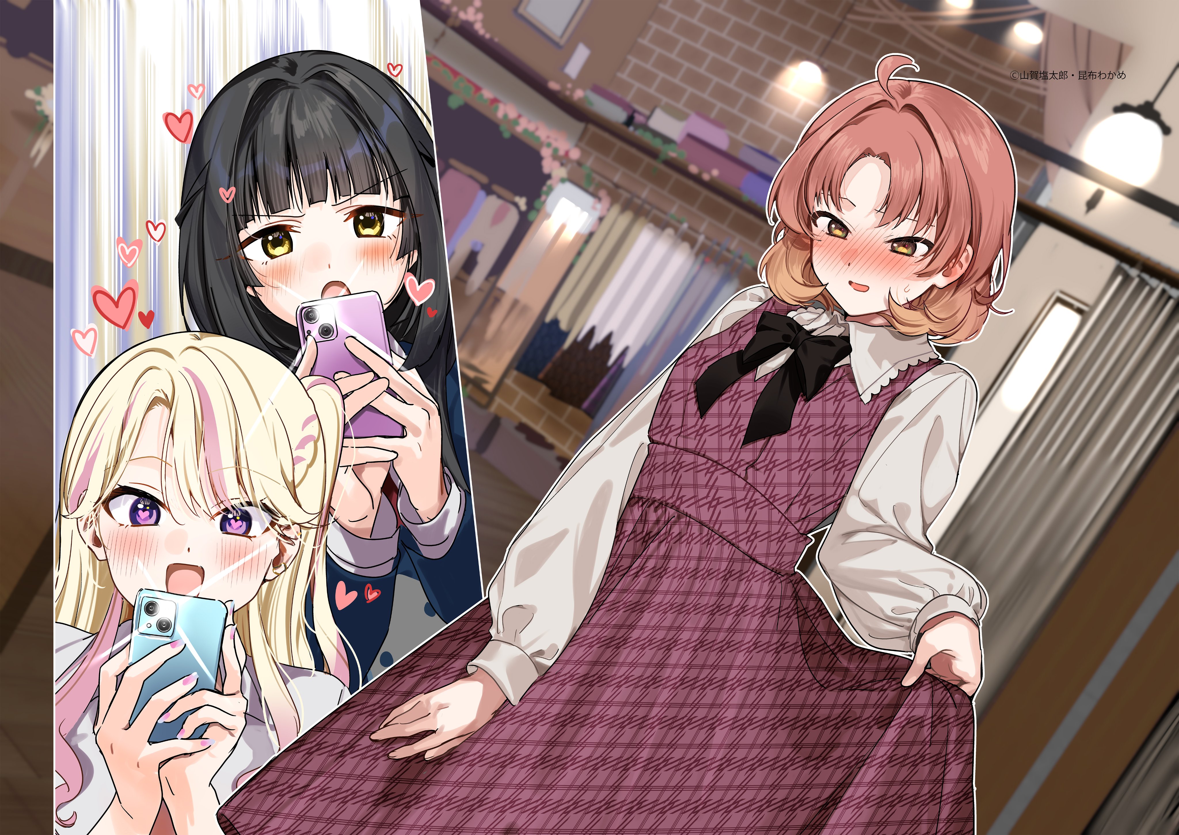 absurdres, highres, 3girls, blush, cellphone, gyaru, kangetsu orine, kurimoto tsubame, multiple girls, phone, smartphone, sugu kenka suru tokai gyaru to kyou bijin wo nakanaori sasetai dake nanoni!, tagiri seira, yuri