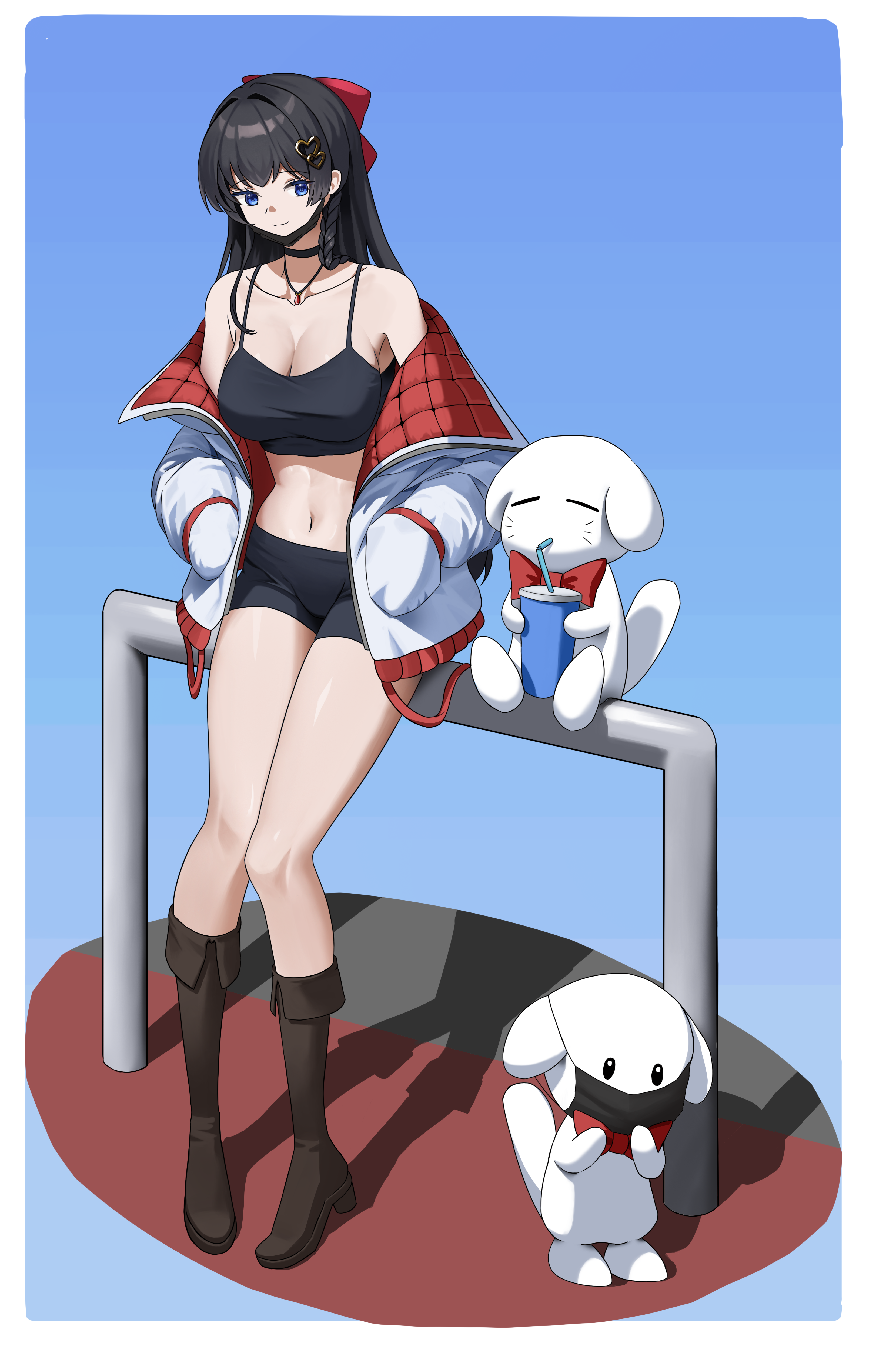 yeongae1211, shirayuki hina, stellive, absurdres, commentary request, highres, korean commentary, 1girl, against railing, black boots, black camisole, black choker, black hair, black shorts, blue background, blue eyes, boots, border, breasts, camisole, choker, cleavage, closed mouth, coat, collarbone, creature, crop top, full body, haedungi (shirayuki hina), hair ornament, hands in pockets, heart, heart hair ornament, large breasts, leaning back, long hair, mask, mask pull, mouth mask, navel, off shoulder, open clothes, open coat, railing, shadow, short shorts, shorts, smile, split mouth, standing, stomach, straight hair, virtual youtuber, white border, white coat