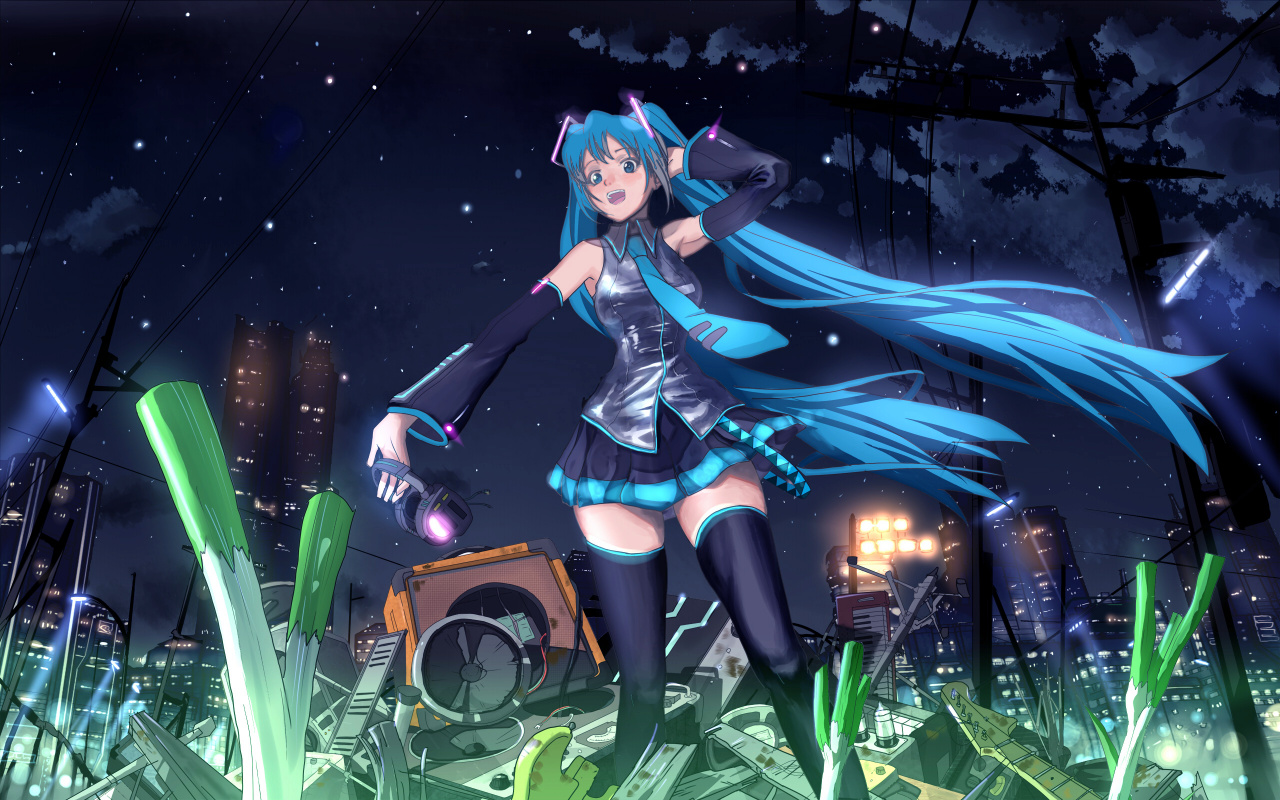 inumaroboya, inumaru (sougen no marogoya), hatsune miku, vocaloid, bad id, bad pixiv id, 1girl, blue hair, building, city, cityscape, detached sleeves, female focus, guitar, headphones, instrument, long hair, necktie, night, night sky, power lines, sky, skyline, solo, speaker, thighhighs, very long hair