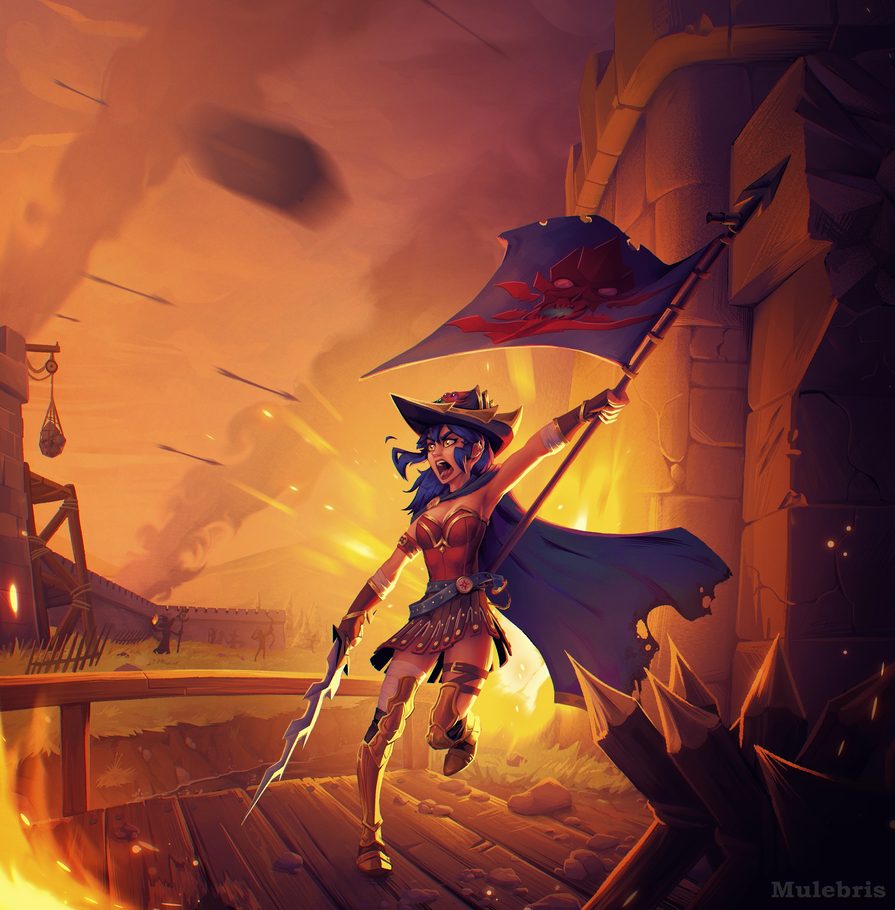 dang (runescape), old school runescape, original, runescape, absurdres, commentary, commission, english commentary, highres, second-party source, 1girl, angry, archery, armor, armored boots, arrow (projectile), bandaged leg, bandages, barricade, battle, battlefield, belt, blue hair, boots, breasts, bridge, cape, castle, catapult, debris, duellist's cap (tier 6), explosion, fingerless gloves, flag, full body, gladiator, gloves, glowing hat, gold trim, grass, green belt, green cape, hair between eyes, hat, holding, holding flag, holding sword, holding weapon, leotard, long hair, medium breasts, mulebris, orange eyes, poleyn, red leotard, skirt, smoke, spiked ear piercing, sun symbol, sword, thick eyebrows, torn cape, torn clothes, war, water, weapon, wizard, wooden bridge, yellow eyes