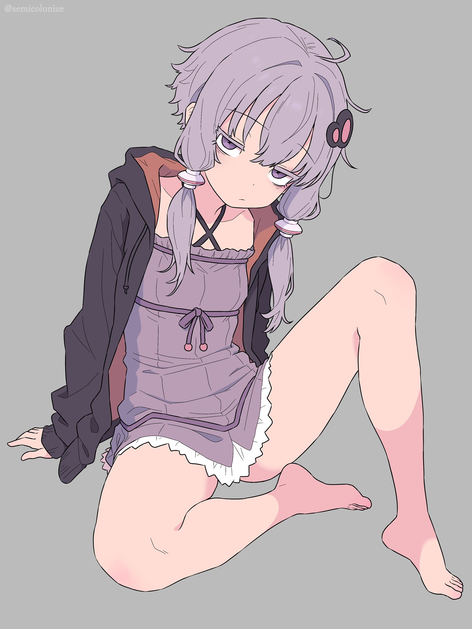 semicolonize, yuzuki yukari, voiceroid, highres, 1girl, ahoge, bare legs, barefoot, closed mouth, criss-cross halter, dress, feet, full body, grey background, hair ornament, half-closed eyes, halterneck, hood, jacket, long sleeves, open clothes, open jacket, purple dress, purple eyes, purple hair, short hair with long locks, sidelocks, simple background, sitting, solo