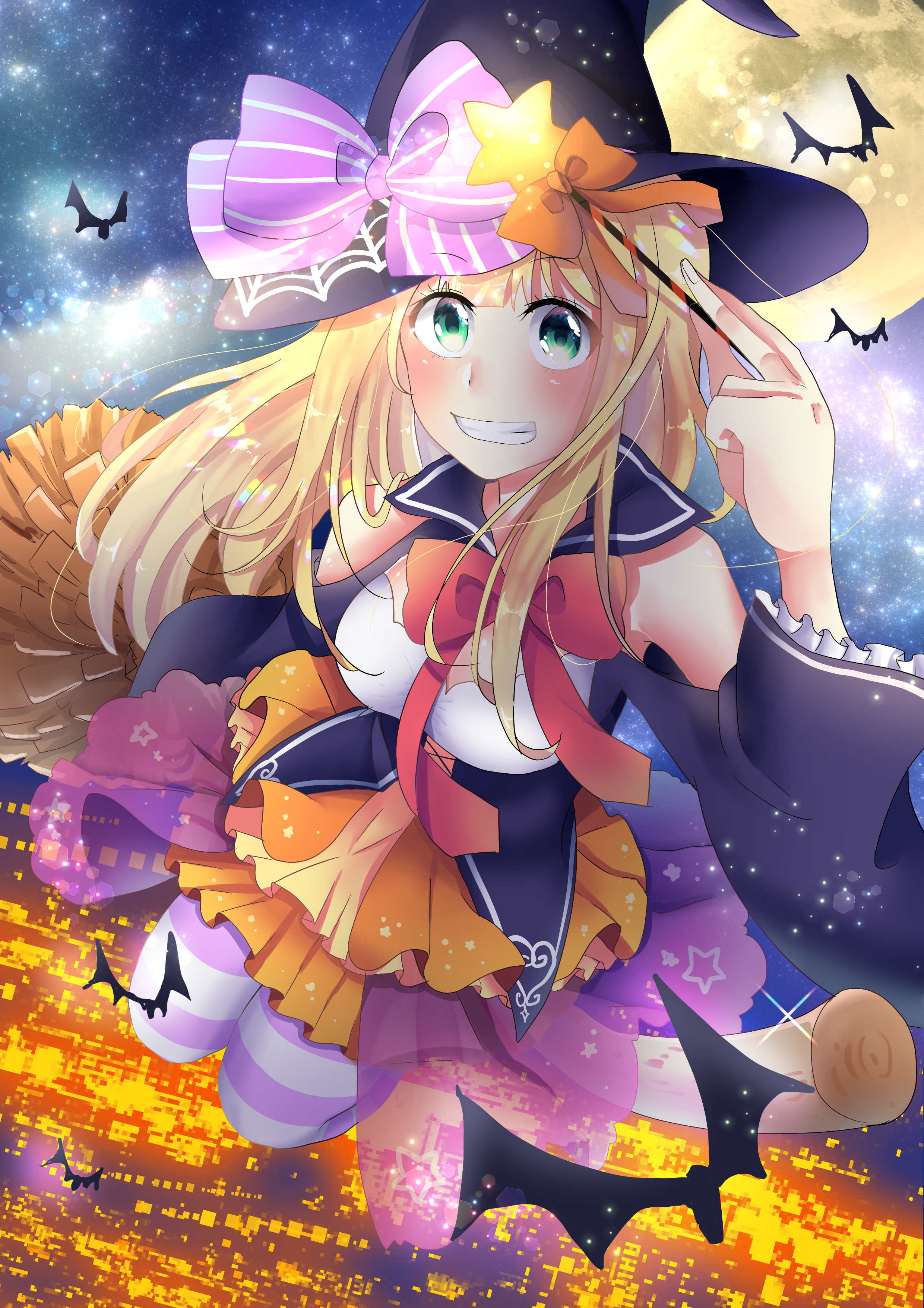 kobato (youyoshi0422), original, absurdres, commentary request, highres, 1girl, bat (animal), blonde hair, blue sailor collar, bow, bowtie, broom, full moon, green eyes, halloween, hat, hat bow, holding, holding wand, long hair, looking at viewer, moon, night, night sky, orange skirt, pantyhose, pleated skirt, purple bow, purple pantyhose, red bow, red bowtie, sailor collar, shirt, skirt, sky, solo, star (symbol), striped bow, striped clothes, striped pantyhose, teeth, two-tone pantyhose, wand, white pantyhose, white shirt, witch, witch hat