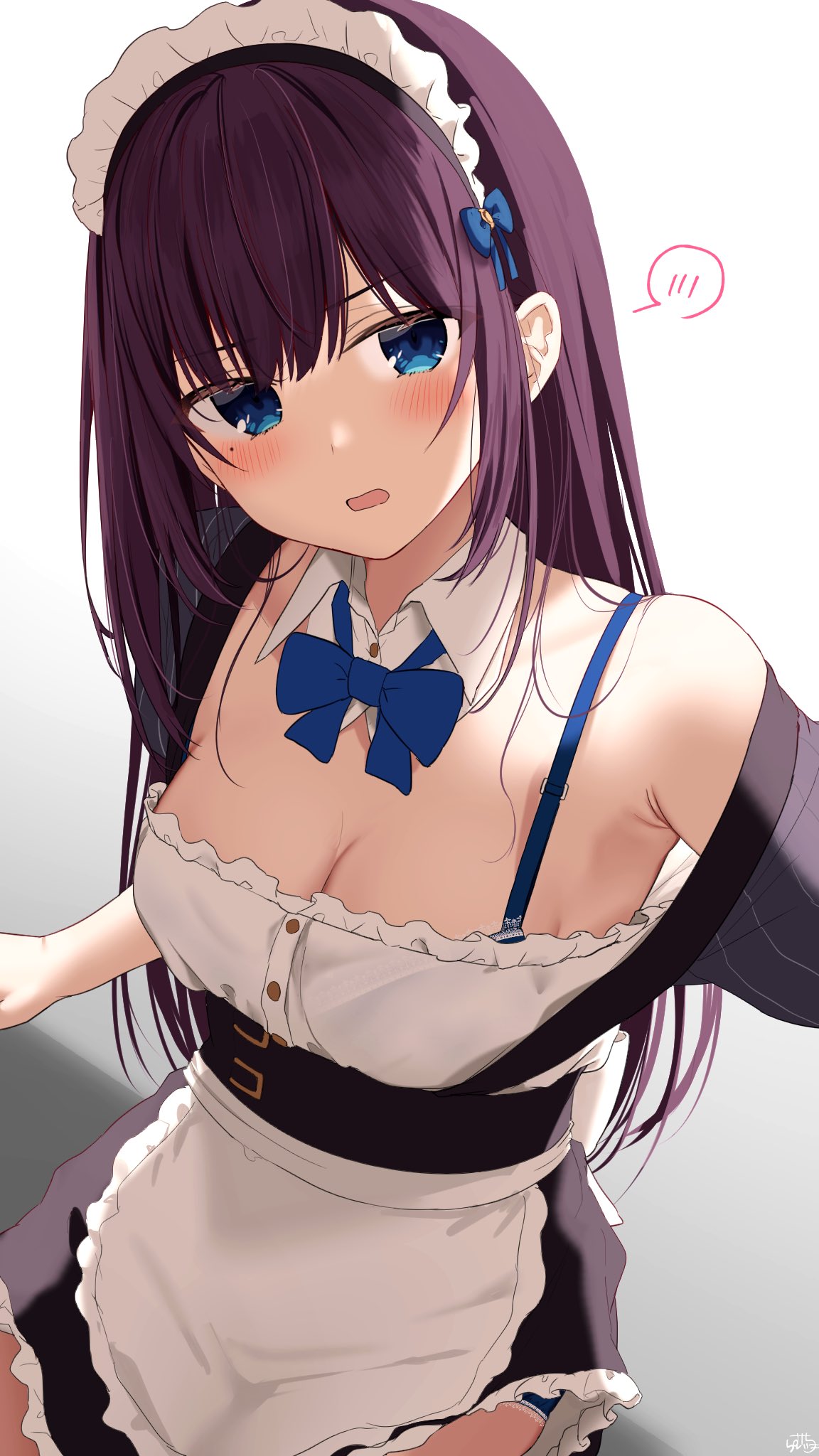 ramchi, maid-chan (ramchi), original, highres, 1girl, apron, armpit crease, bare shoulders, blue bow, blue bowtie, blue eyes, blush, bow, bowtie, breasts, cleavage, hair bow, long hair, looking at viewer, maid apron, maid headdress, medium breasts, open mouth, purple hair, sidelocks, solo