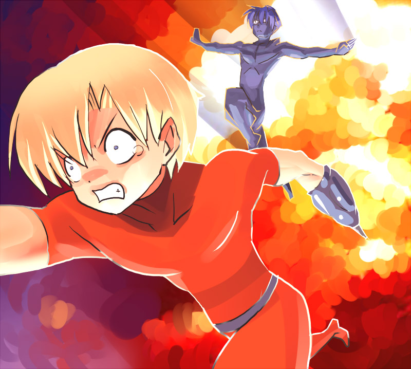 uni (plastic girl), cobra (space adventure cobra), psychogun, sunohara youhei, clannad, space adventure cobra, bad id, bad pixiv id, 2boys, arm cannon, blonde hair, cobra (cosplay), cosplay, male focus, multiple boys, parody, short hair, weapon