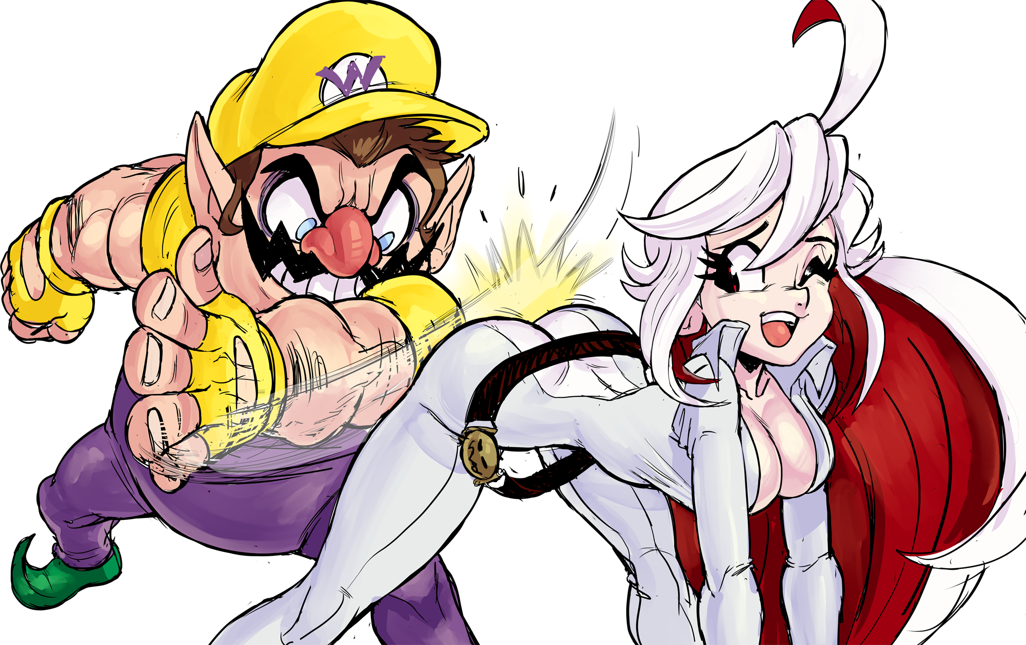 teevo, jack-o' valentine, wario, guilty gear, nintendo, warioware, 1boy, 1girl, all fours, ass, belt, bent over, bodysuit, breasts, cleavage, facial hair, fingerless gloves, gloves, halo, hat, jumpsuit, large breasts, latex, latex bodysuit, long hair, multicolored hair, muscular, muscular male, mustache, one eye closed, pointed footwear, pointy ears, red eyes, spanked, spanking, suspenders, two-tone hair, white hair
