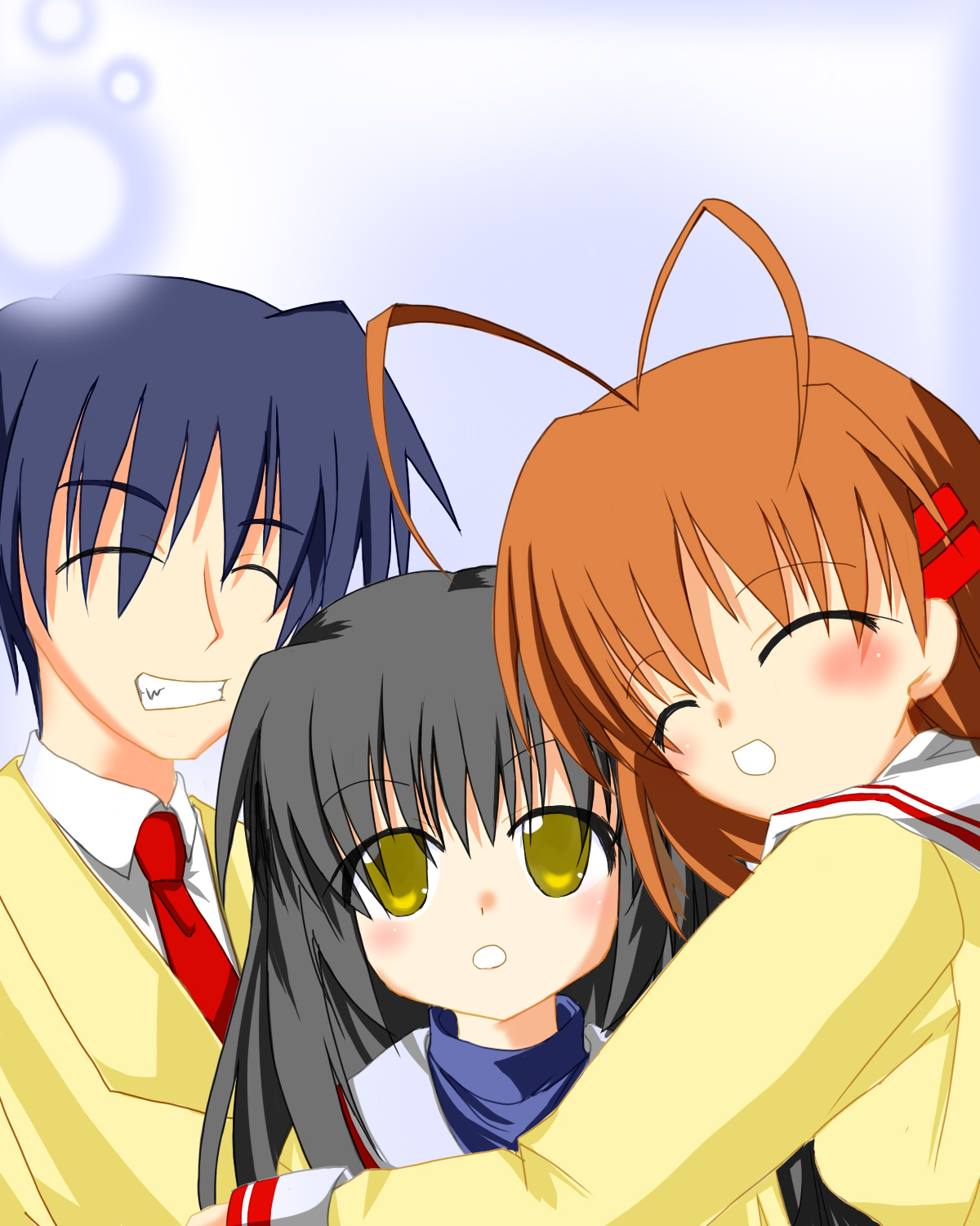 hana noki zu, nanohazuki, furukawa nagisa, ibuki fuuko, okazaki tomoya, clannad, highres, 00s, 1boy, 2girls, antenna hair, blue hair, blush, brown hair, closed eyes, multiple girls, school uniform, yellow eyes