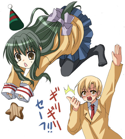hyakko yuo, yuo, ibuki fuuko, sunohara youhei, clannad, bad id, bad pixiv id, lowres, 00s, blonde hair, brown eyes, hat, long hair, pantyhose, school uniform, star (symbol), starfish, yellow eyes