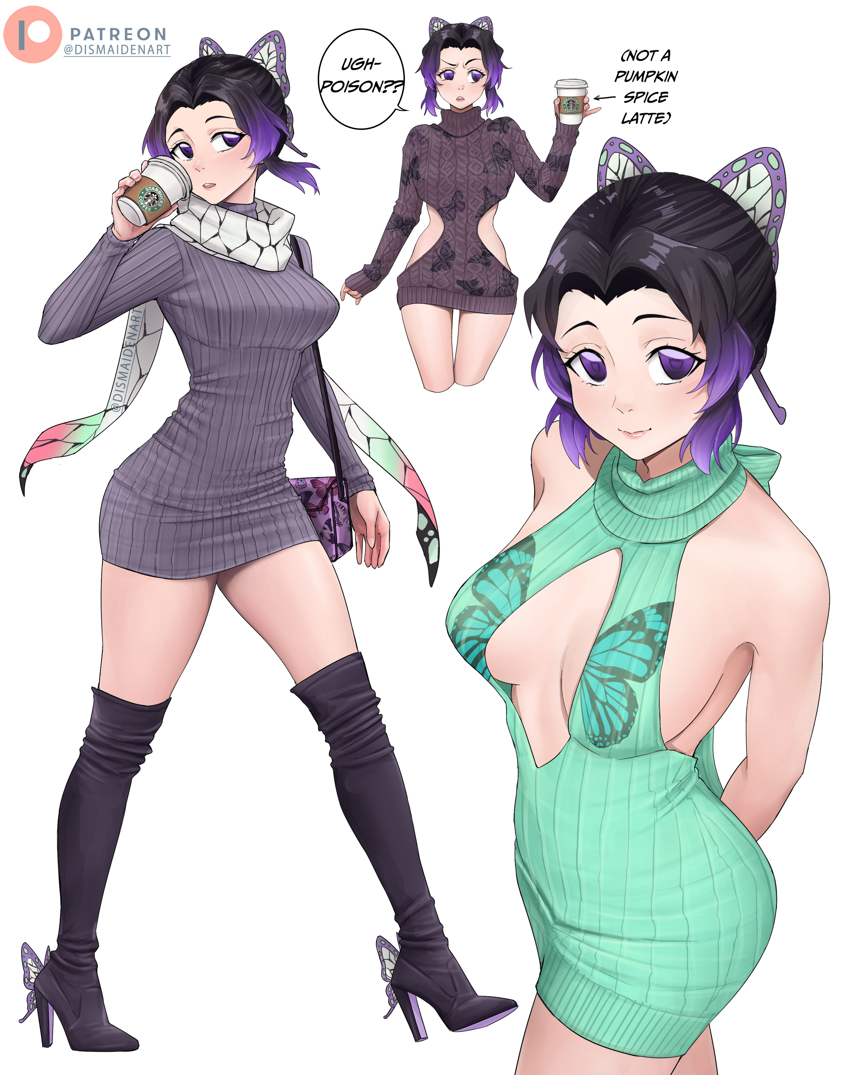 dismaiden, kochou shinobu, kimetsu no yaiba, absurdres, commentary, english commentary, highres, 1girl, animal print, artist name, bag, black hair, boots, breasts, breasts apart, butterfly hair ornament, butterfly print, closed mouth, cropped legs, cup, curtained hair, disposable cup, dress, english text, gradient hair, hair ornament, hand up, handbag, high heel boots, high heels, holding, holding cup, long sleeves, looking at viewer, medium hair, multicolored hair, multiple views, open mouth, patreon logo, patreon username, purple eyes, purple hair, scarf, sideboob, simple background, sleeveless, sleeveless turtleneck, speech bubble, standing, teeth, thigh boots, thighs, turtleneck, upper teeth only, white background