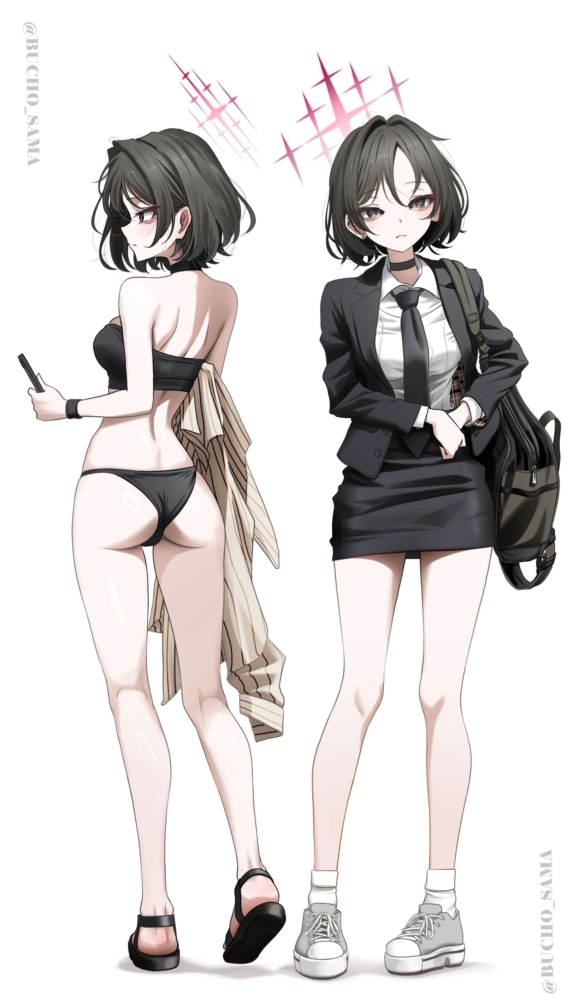 bucho sama, misaki (blue archive), misaki (swimsuit) (blue archive), blue archive, absurdres, commentary, highres, 1girl, ass, bare legs, bikini, black bag, black bikini, black choker, black hair, black jacket, black necktie, black sandals, black skirt, breasts, cellphone, choker, grey shoes, halo, holding, holding phone, jacket, kneepits, looking ahead, looking at viewer, median furrow, medium breasts, miniskirt, multiple views, necktie, pencil skirt, phone, sandals, school uniform, shirt, shoes, short hair, shoulder blades, simple background, skirt, smartphone, sneakers, strapless, strapless bikini, swimsuit, twitter username, white background, white shirt