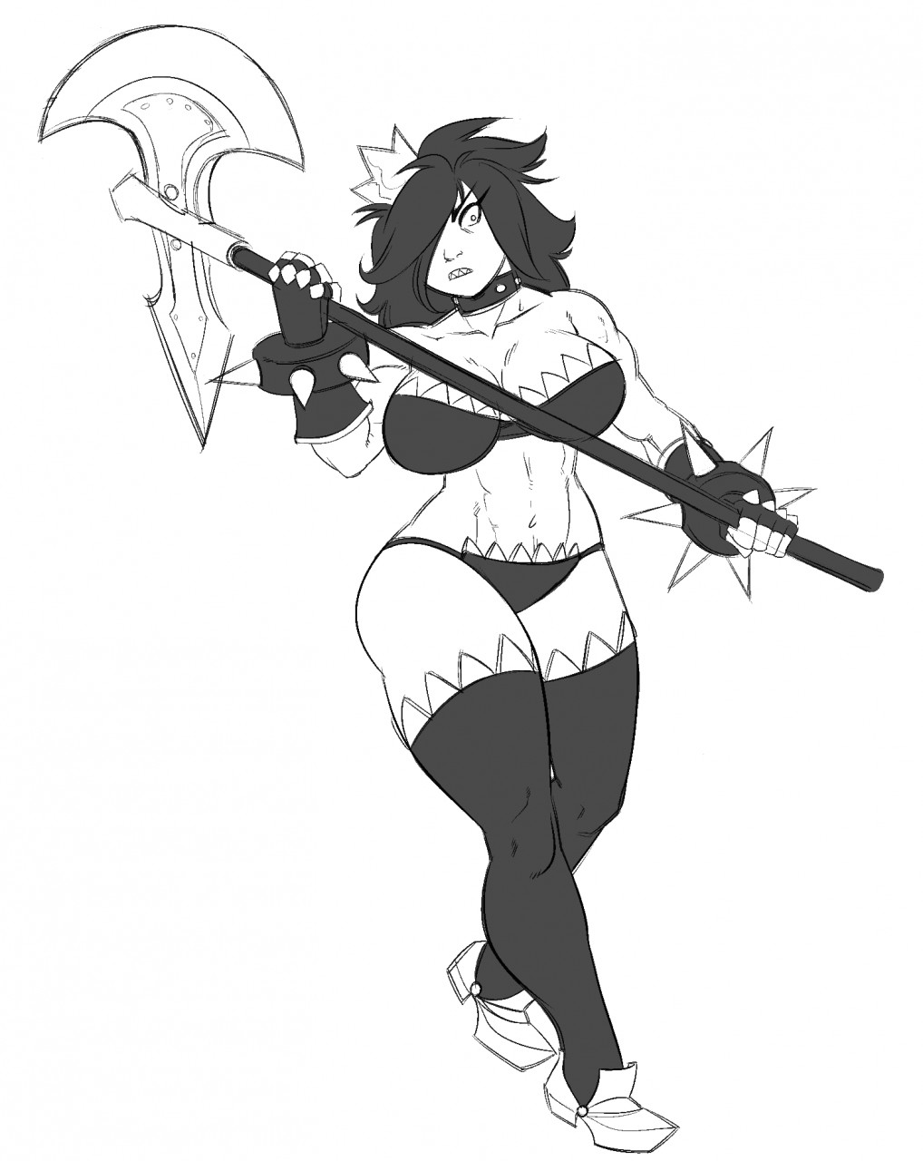 s-purple, erebus (breeding season), breeding season, commentary, english commentary, hashtag-only commentary, highres, symbol-only commentary, 1girl, 2014, abs, angry, armlet, armor, axe, bare shoulders, battle axe, bikini, bikini armor, black bikini, black gloves, black hair, black thighhighs, boots, breasts, choker, clenched teeth, close-up, colored sclera, colored skin, colored teeth, crown, female focus, fingerless gloves, full body, gloves, grey skin, half-closed eyes, huge breasts, huge weapon, jewelry, lapinbeau, long hair, looking at viewer, monochrome, multiple expressions, muscular, muscular female, navel, planted, sharp teeth, simple background, spiked choker, spikes, straight hair, swept bangs, swimsuit, teeth, thighhighs, thighs, transparent background, weapon