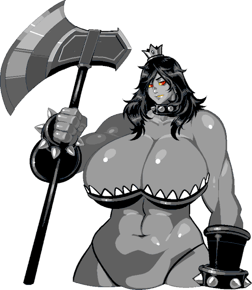 s-purple, erebus (breeding season), breeding season, animated, animated gif, commentary, hashtag-only commentary, revision, symbol-only commentary, 1girl, 2015, abs, armlet, armor, axe, bare shoulders, battle axe, bikini, bikini armor, black bikini, black gloves, black hair, black thighhighs, blinking, boots, breasts, choker, close-up, colored sclera, colored skin, colored teeth, cropped torso, crown, eyebrows hidden by hair, female focus, fingerless gloves, gloves, grey skin, hair over shoulder, half-closed eyes, huge breasts, huge weapon, jewelry, lips, long hair, looking at viewer, multiple expressions, muscular, muscular female, navel, planted, red sclera, sharp teeth, shiny skin, simple background, spiked choker, spikes, straight hair, swept bangs, swimsuit, talking, teeth, thighhighs, thighs, transparent background, weapon, yellow sclera, yellow teeth
