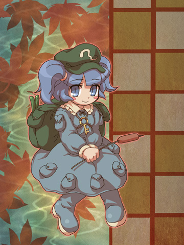 sankuma, kawashiro nitori, touhou, lowres, 1girl, backpack, bag, blue eyes, blue hair, cucumber, female focus, full body, hat, key, matching hair/eyes, plant, randoseru, skirt, solo, two side up
