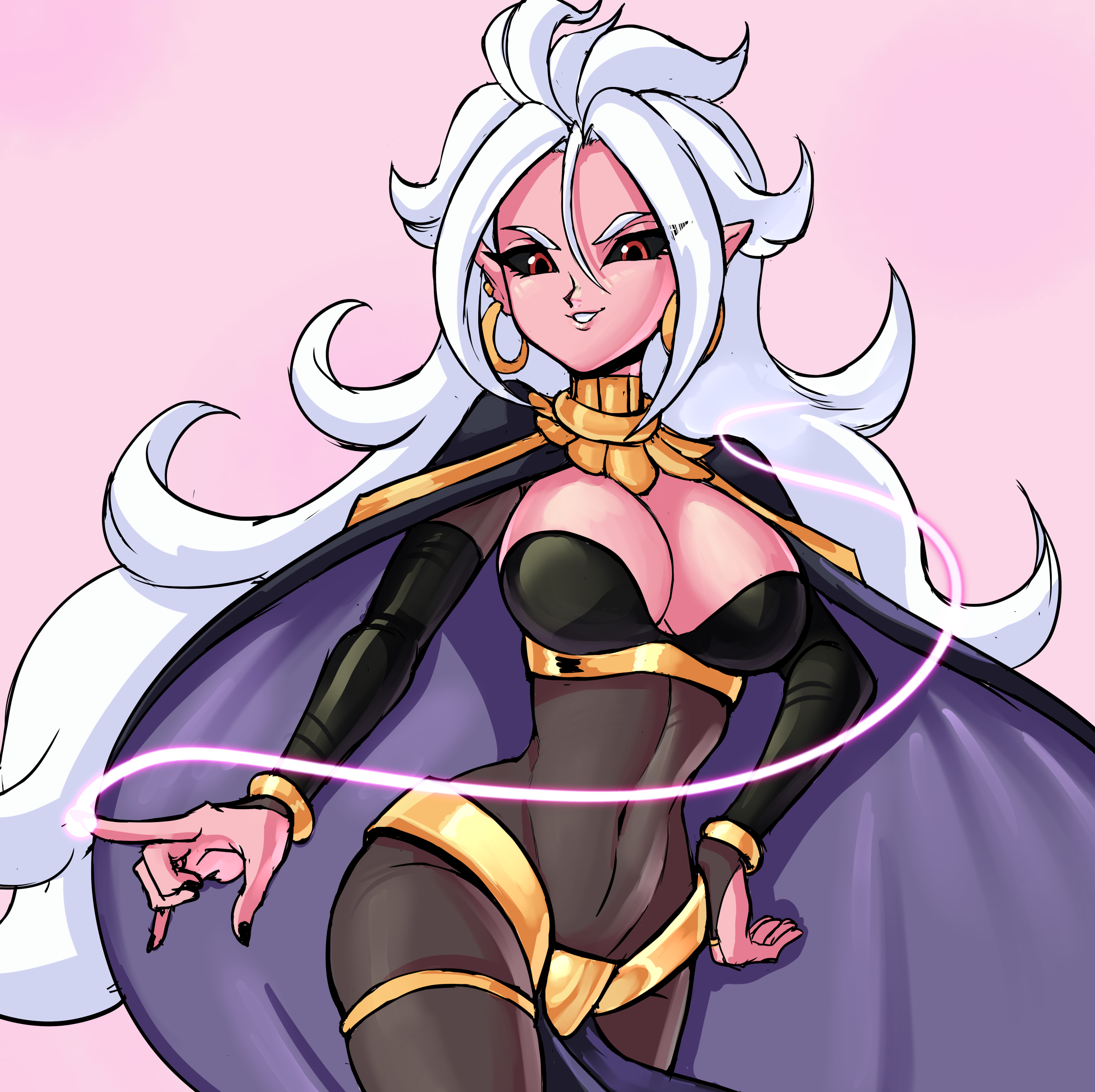 teevo, android 21, majin android 21, dragon ball, dragon ball fighterz, black sclera, bodystocking, breasts, cape, cleavage, cleft of venus, colored sclera, colored skin, earrings, gold earrings, hoop earrings, jewelry, large breasts, loincloth, navel, pink skin, pointy ears, red eyes, tharja (fire emblem) (cosplay), white hair