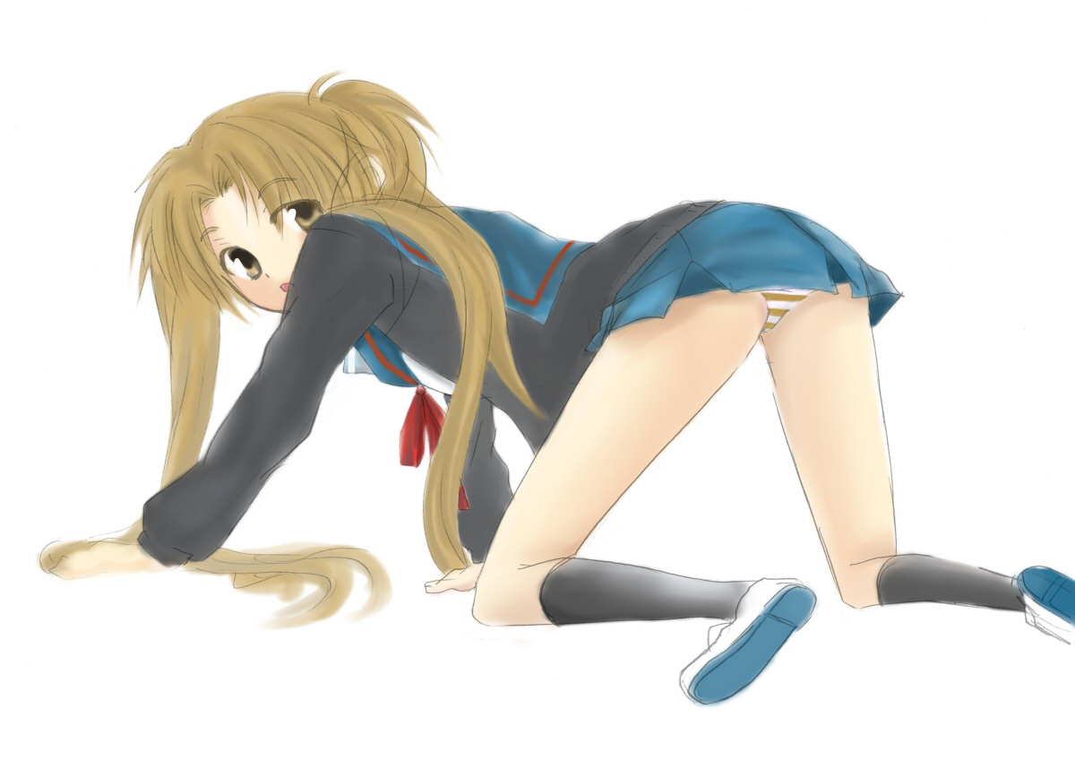 computer club president (female) (suzumiya haruhi), computer club president (suzumiya haruhi), suzumiya haruhi no yuuutsu, bad id, bad pixiv id, 00s, 1girl, all fours, female focus, genderswap, genderswap (mtf), panties, solo, striped clothes, striped panties, twintails, underwear