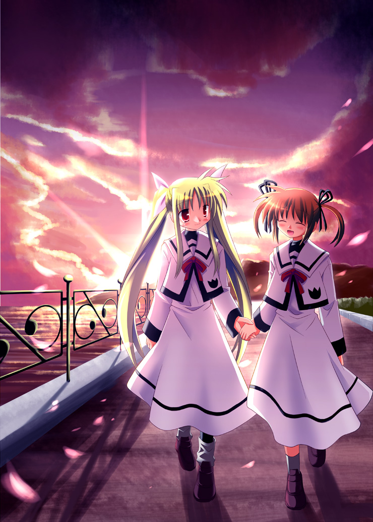sagami inumaru, fate testarossa, takamachi nanoha, lyrical nanoha, mahou shoujo lyrical nanoha, mahou shoujo lyrical nanoha a's, 00s, blonde hair, blue eyes, brown hair, cloud, dress, hair ribbon, holding hands, pantyhose, red hair, ribbon, school uniform, sunset, twintails, water