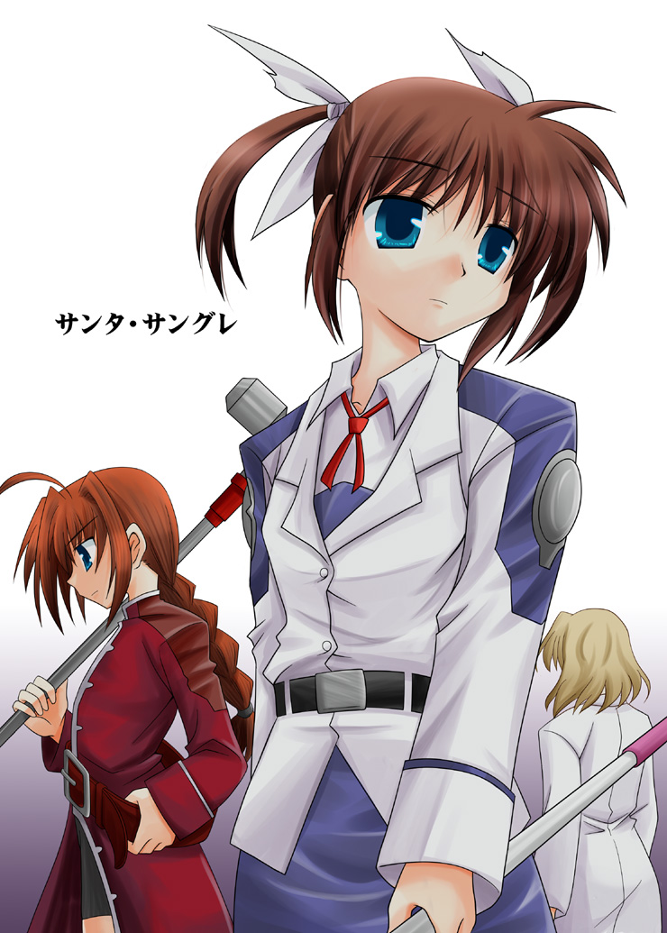 sagami inumaru, graf eisen, raising heart, shamal, takamachi nanoha, vita (nanoha), lyrical nanoha, mahou shoujo lyrical nanoha, mahou shoujo lyrical nanoha strikers, 00s, 3girls, ahoge, belt, bike shorts, blonde hair, blue eyes, braid, brown hair, hair ribbon, hammer, lab coat, long hair, military, military uniform, multiple girls, purple eyes, red hair, ribbon, short hair, twin braids, twintails