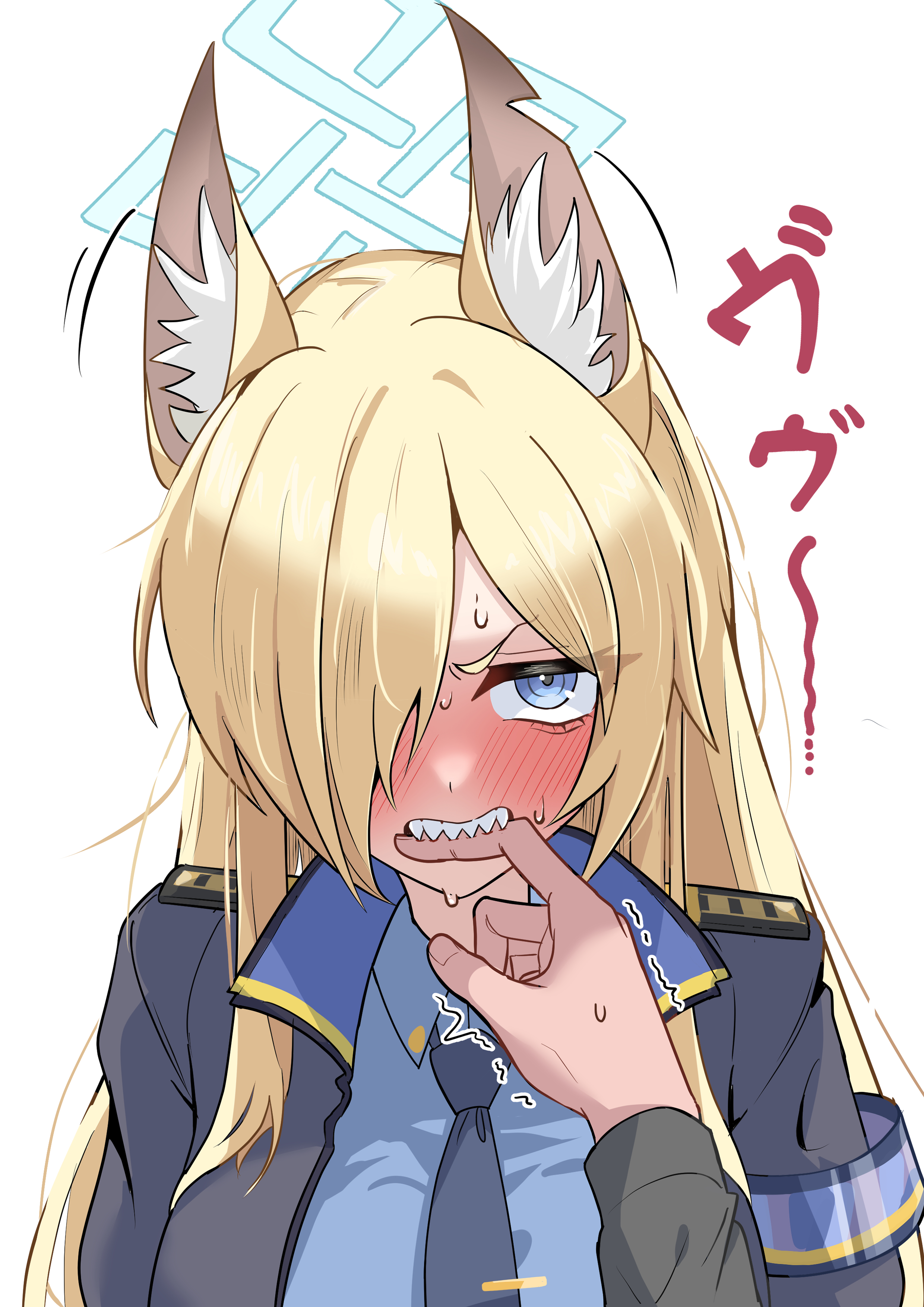 kugi baketu, kanna (blue archive), sensei (blue archive), blue archive, absurdres, commentary request, highres, 1boy, 1girl, animal ear fluff, animal ears, asymmetrical bangs, biting another's finger, black jacket, blonde hair, blue necktie, blue shirt, blush, hair over one eye, halo, hetero, jacket, long hair, looking at viewer, necktie, nose blush, one eye covered, pov, pov hands, sharp teeth, shirt, simple background, straight hair, sweat, teeth, trembling, very long hair, white background