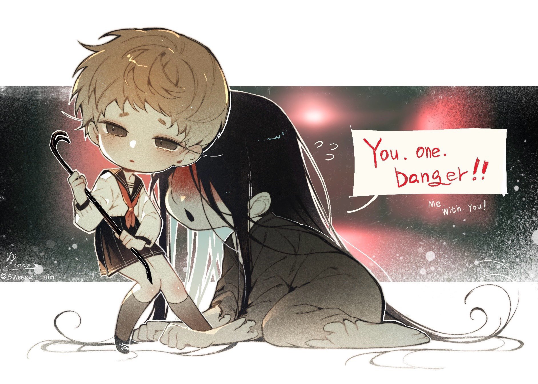 sweeeet him, adashino adami, mr. crawling, homicipher, commentary request, highres, korean commentary, 1boy, 1girl, all fours, black hair, black kimono, blood, blood on face, brown eyes, brown hair, chibi, crowbar, english text, holding, holding crowbar, japanese clothes, kimono, long hair, school uniform, serafuku, short hair, skirt, very long hair