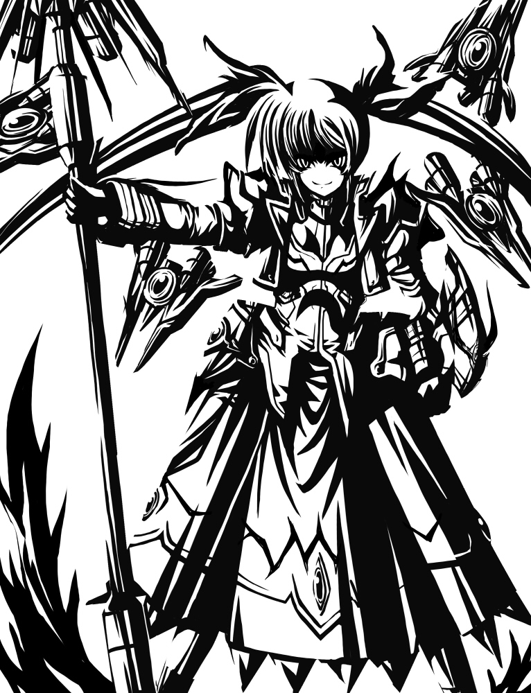 gao (artist), gao (naodayo), raising heart, raising heart (blaster bit), raising heart (exceed mode), takamachi nanoha, lyrical nanoha, mahou shoujo lyrical nanoha, mahou shoujo lyrical nanoha strikers, 00s, 1girl, female focus, greyscale, high contrast, long hair, magical girl, monochrome, solo, twintails, waist cape, white devil