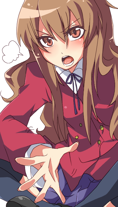 kyou hime, aisaka taiga, toradora!, bad id, bad pixiv id, 00s, blush, brown eyes, brown hair, flat chest, long hair, school uniform, solo, thighhighs, very long hair