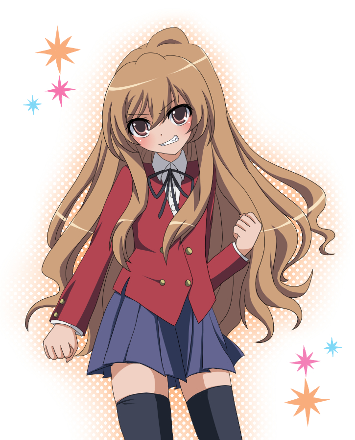 ui (yk), aisaka taiga, toradora!, bad id, bad pixiv id, 00s, 1girl, blush, brown eyes, brown hair, clenched hands, clenched teeth, female focus, flat chest, long hair, neck ribbon, ribbon, school uniform, solo, teeth, thighhighs, very long hair, zettai ryouiki