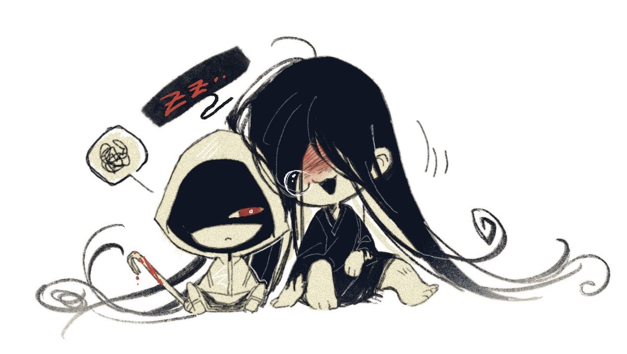 sweeeet him, adashino adami, mr. crawling, homicipher, commentary, 1boy, 1girl, black hair, black kimono, blood, blood on face, bloody weapon, chibi, crowbar, holding, holding crowbar, hood, hood up, japanese clothes, kimono, long hair, nose bubble, raincoat, red eyes, shaded face, simple background, sitting, sleeping, very long hair, weapon, white background, zzz