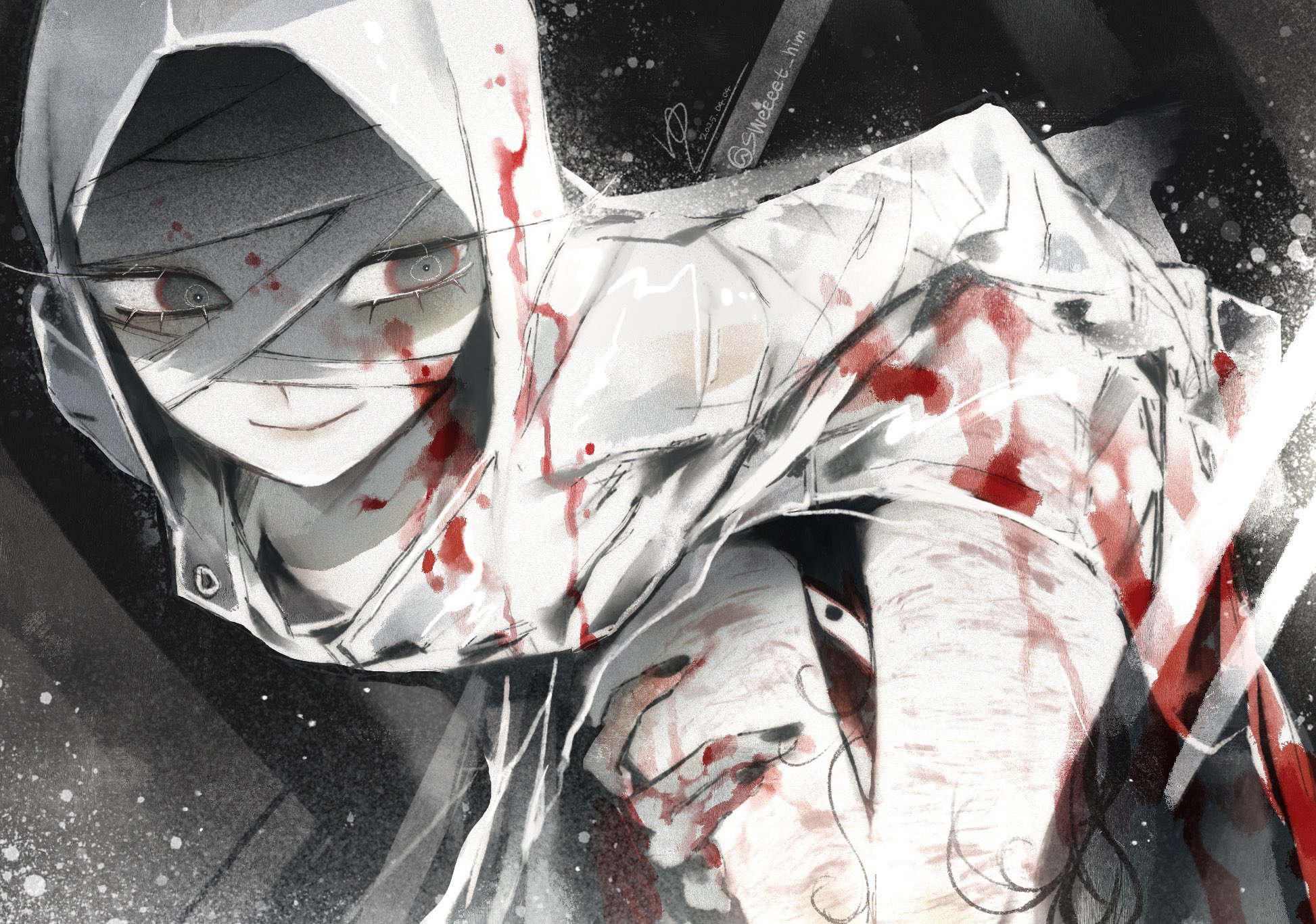 sweeeet him, adashino adami, mr. gap, homicipher, commentary, english commentary, highres, 1boy, 1girl, bandaged head, bandages, black background, black eyes, black hair, blood, blood on clothes, blood on face, blood on hands, grey hair, holding another's leg, hood, hood up, looking at another, raincoat, scar, scar on leg, smile, white raincoat
