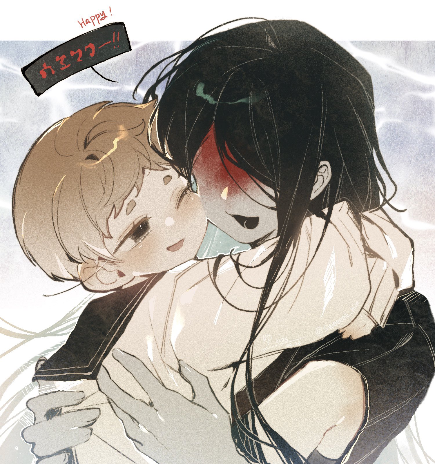 sweeeet him, adashino adami, mr. crawling, homicipher, commentary, english commentary, highres, 1boy, 1girl, black hair, black kimono, blood, blood on face, brown eyes, brown hair, english text, grey background, homicipher text, hug, japanese clothes, kimono, long hair, refraction, school uniform, serafuku, short hair