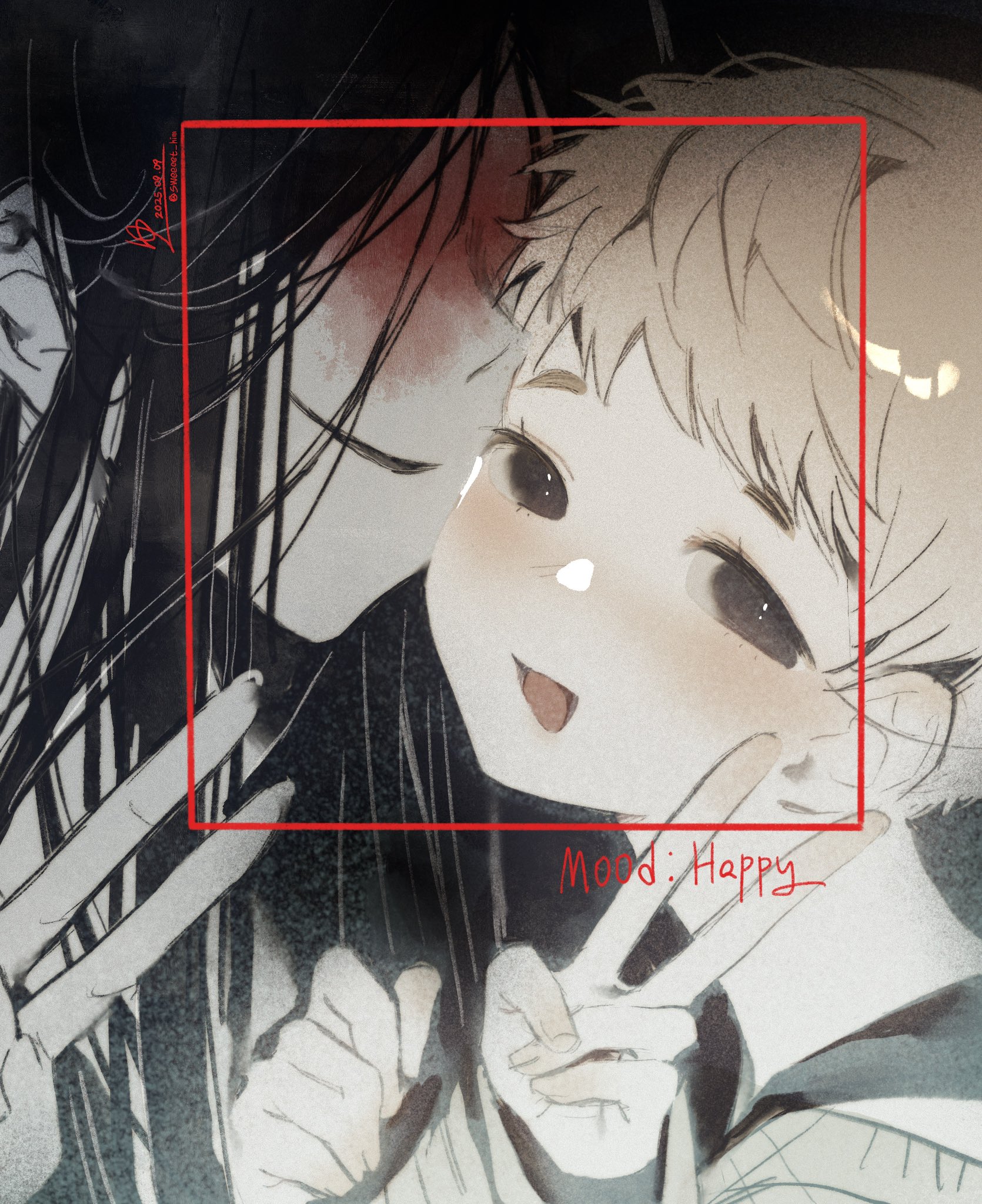 sweeeet him, adashino adami, mr. crawling, homicipher, highres, 1boy, 1girl, black hair, blonde hair, blood, blood on face, brown eyes, english text, facial recognition, hand up, long hair, looking at viewer, short hair, sweater, v