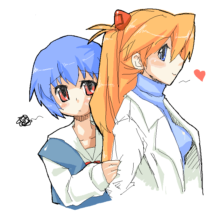 ro man, ayanami rei, souryuu asuka langley, neon genesis evangelion, bad id, bad pixiv id, 2girls, aged down, aged up, blue eyes, blue hair, lab coat, multiple girls, oekaki, orange hair, red eyes, school uniform, serafuku, squiggle, turtleneck