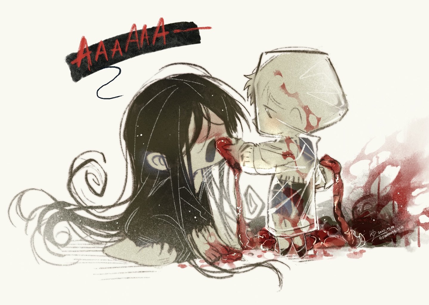 sweeeet him, adashino adami, mr. crawling, homicipher, commentary, english commentary, black hair, black kimono, blood, blood on clothes, blood on face, blood on hands, cannibalism, chibi, english text, feeding, hood, hood up, intestines, japanese clothes, kimono, long hair, raincoat, school uniform, see-through clothes, see-through raincoat, serafuku, simple background, skirt, very long hair, yellow background