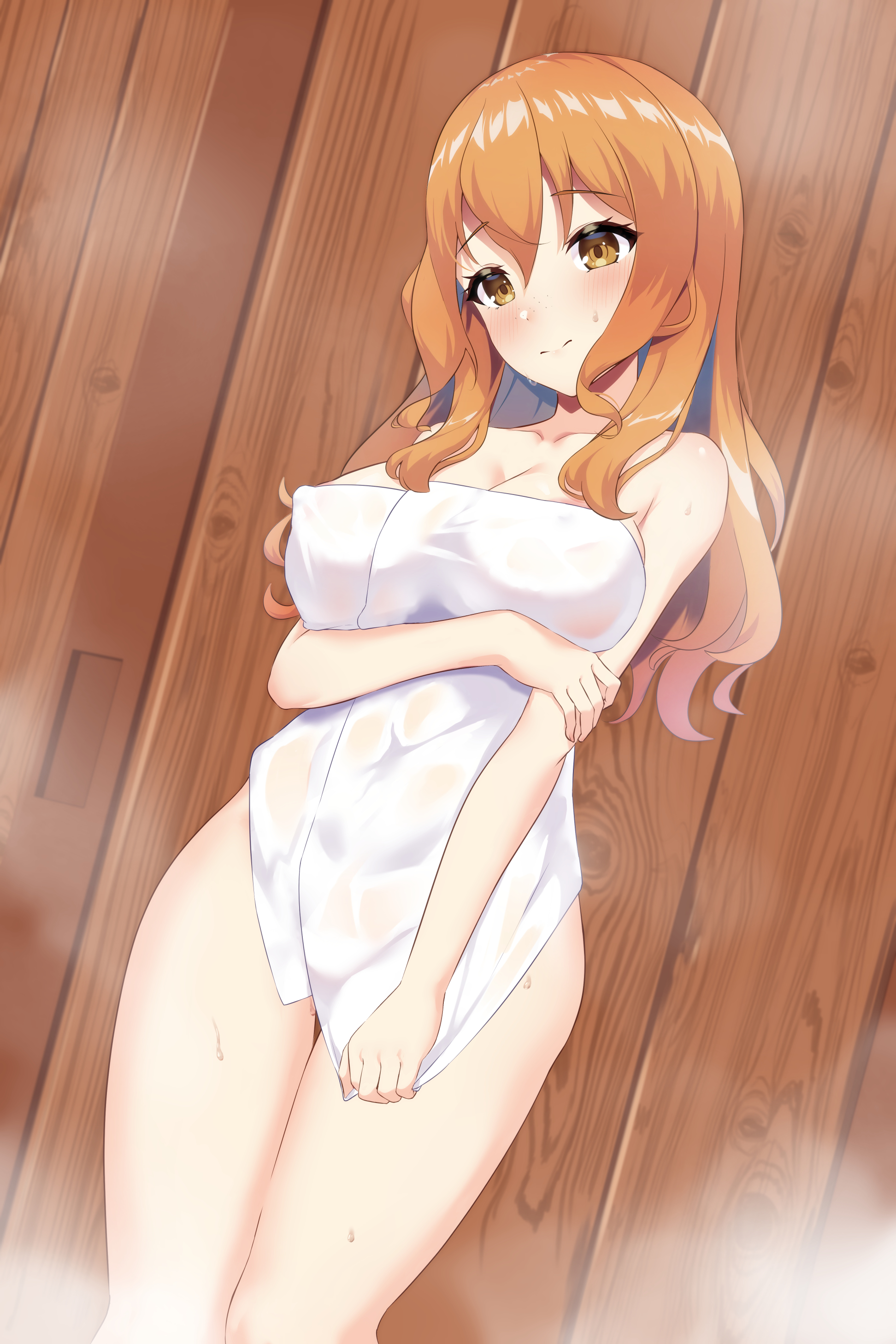 ambasa, absurdres, copyright request, highres, 1girl, blush, breasts, brown eyes, brown hair, covered erect nipples, cowboy shot, freckles, holding own arm, large breasts, long hair, naked towel, solo, towel
