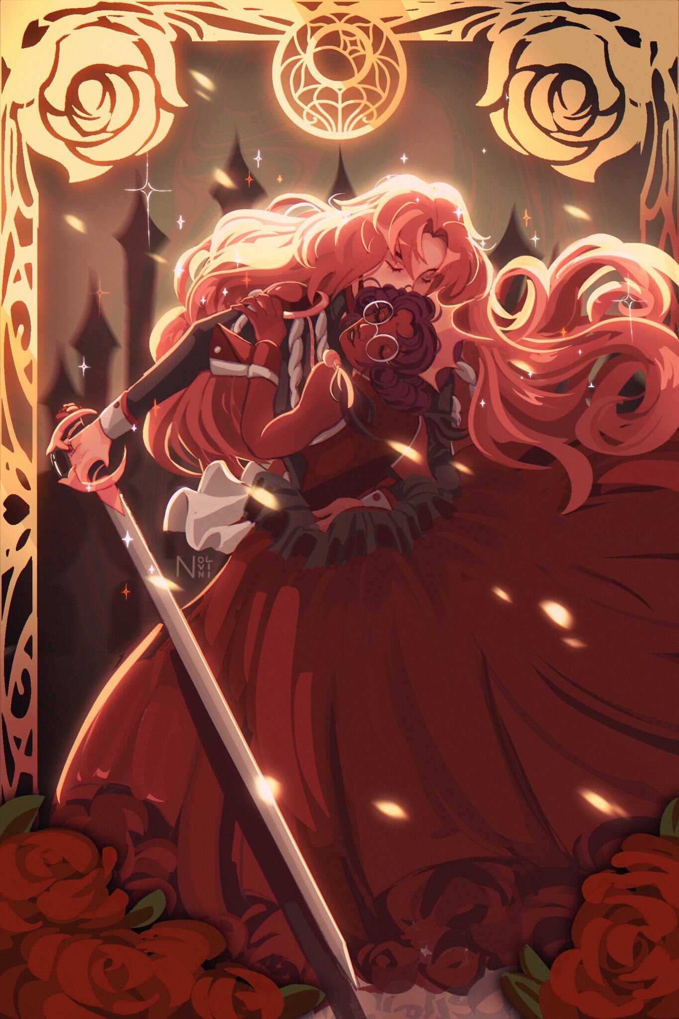 nolvini, himemiya anthy, tenjou utena, shoujo kakumei utena, commentary, english commentary, highres, 2girls, aiguillette, artist name, bindi, border, brown background, castle, closed eyes, dark-skinned female, dark skin, dress, epaulettes, flower, frilled dress, frills, glasses, gold border, hand on another's shoulder, holding, holding sword, holding weapon, jacket, long dress, long hair, long sleeves, multiple girls, open mouth, ornate border, outside border, petals, pink hair, purple hair, red dress, red flower, red rose, rose, rose petals, round eyewear, short hair, smile, sparkle, standing, sword, sword of dios, tiara, very long hair, warm colored, wavy hair, weapon, yuri
