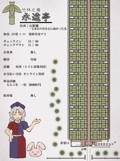 sankuma, yagokoro eirin, touhou, translation request, 1girl, ad, female focus, floorplan, rabbit, solo, standing