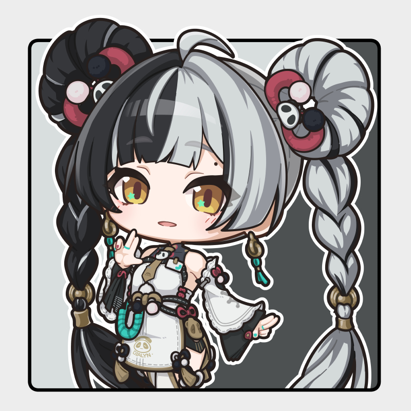 yuki shiro, zenless zone zero, 1girl, bare shoulders, braid, breasts, china dress, chinese clothes, detached sleeves, dialyn (zenless zone zero), dress, earrings, jewelry, long hair, looking at viewer, multicolored hair, necktie, smile, split-color hair, twin braids, white background, white hair, yellow eyes, yellow necktie