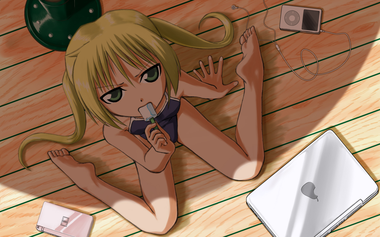 minazuki honoo, sanzen'in nagi, apple inc., hayate no gotoku!, 00s, 1girl, barefoot, blonde hair, brand name imitation, computer, digital media player, earbuds, earphones, feet, female focus, food, from above, green eyes, handheld game console, ipod, ipod nano, ipod nano 3g, laptop, nintendo ds, nintendo ds lite, one-piece swimsuit, popsicle, shade, solo, swimsuit, twintails